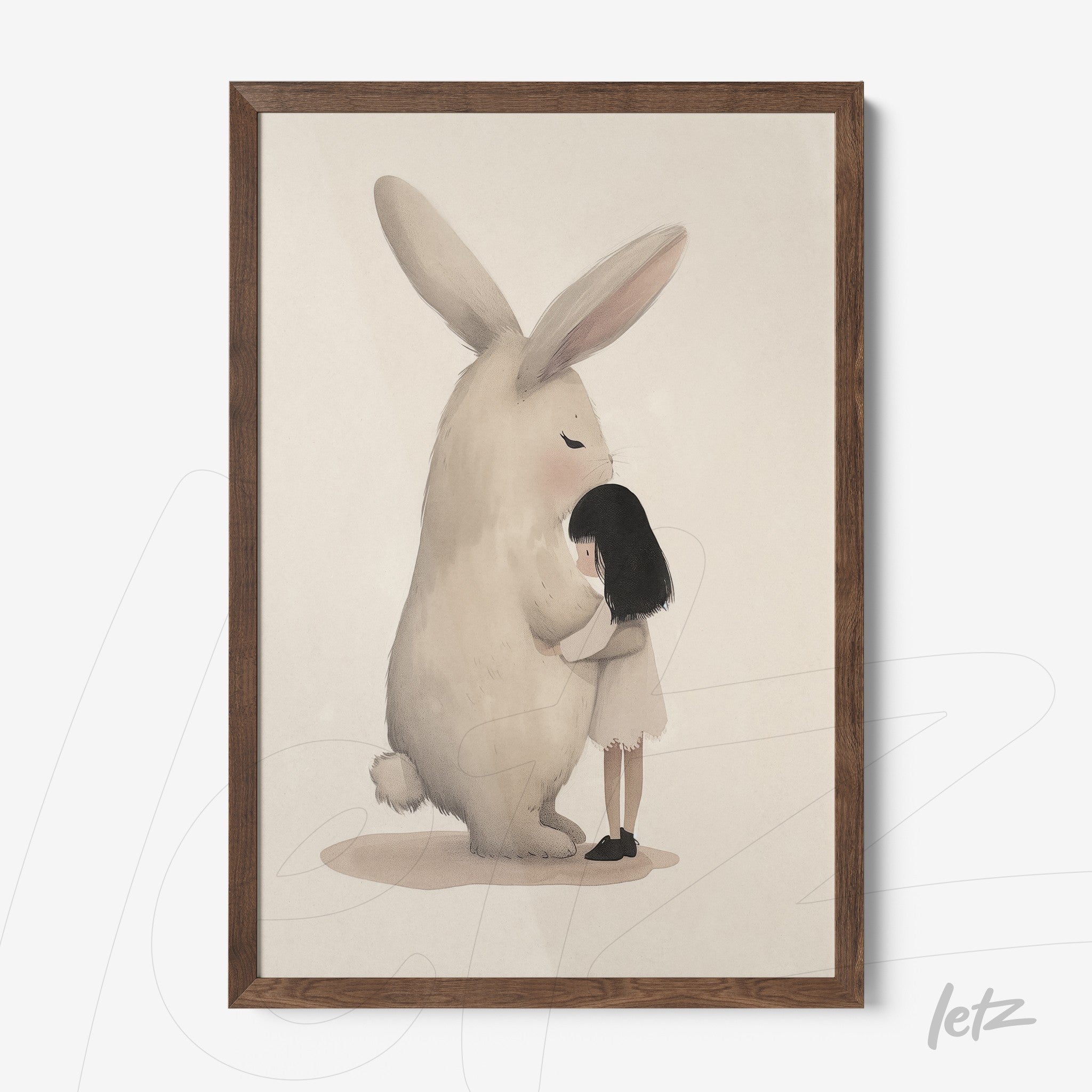 framed artwork featuring a girl hugging a large rabbit with a dark wood frame