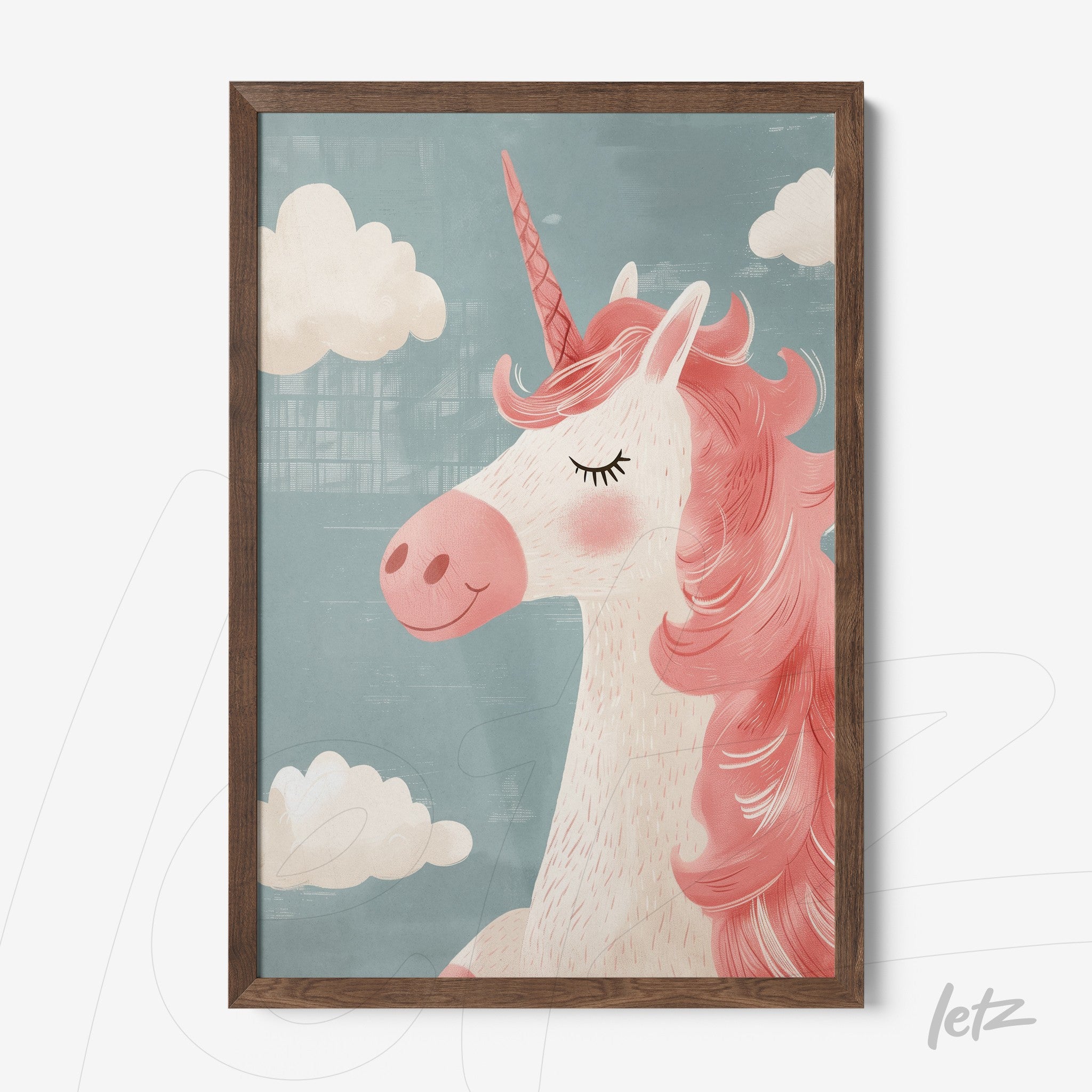 framed artwork featuring a pink unicorn against a blue background with white clouds