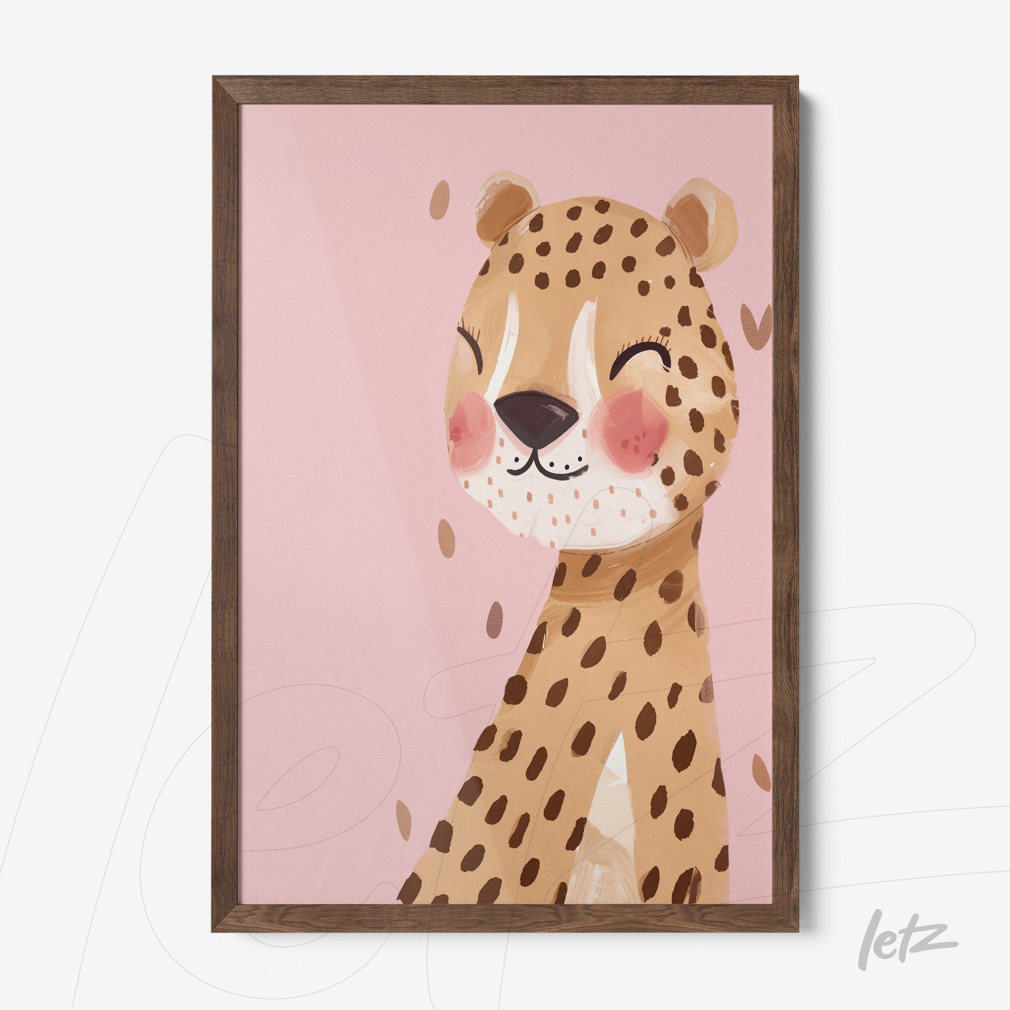 framed children's art of a smiling leopard against a pink background with a dark wood frame