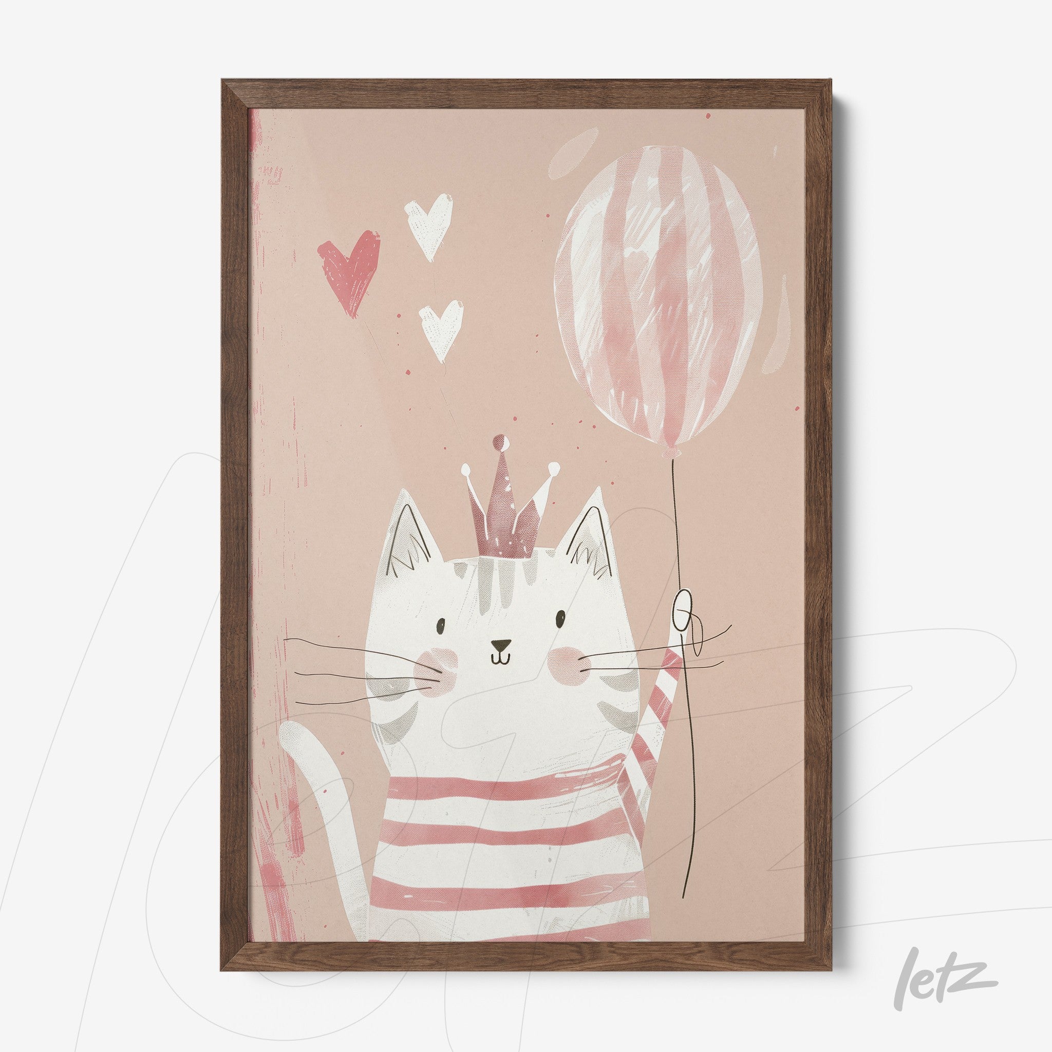 framed art of a cute cat holding a balloon on a pink background, dark wood frame