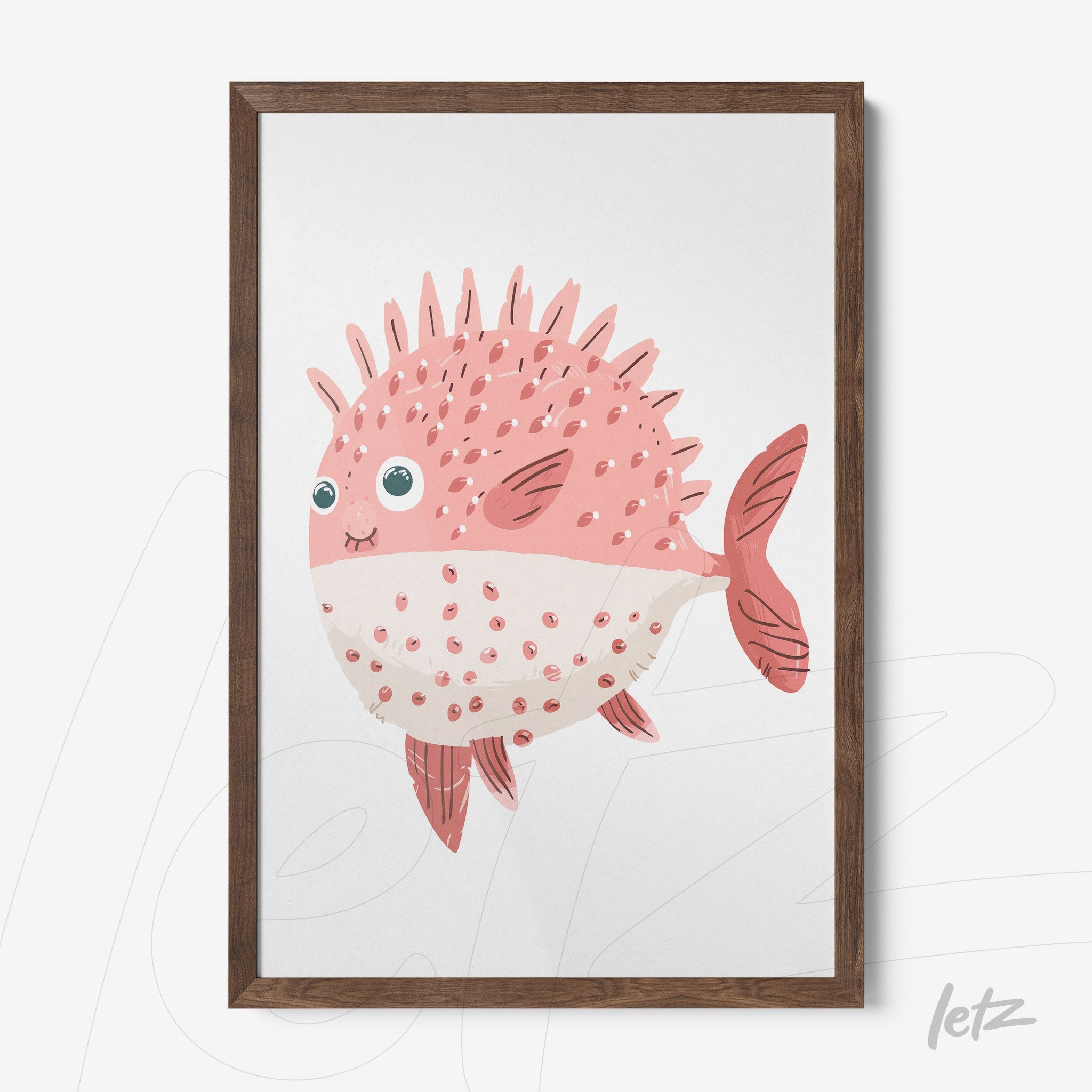 framed artwork of a cute pink fish with a dark wood frame