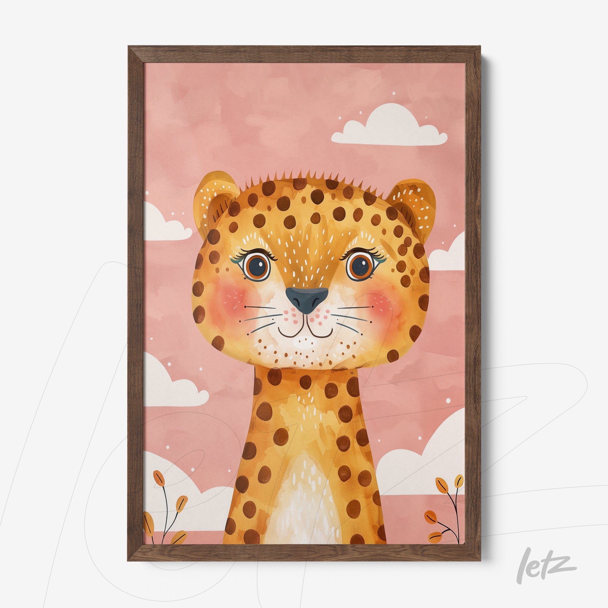 framed wall art featuring a whimsical lion illustration on a pink background with clouds and floral accents