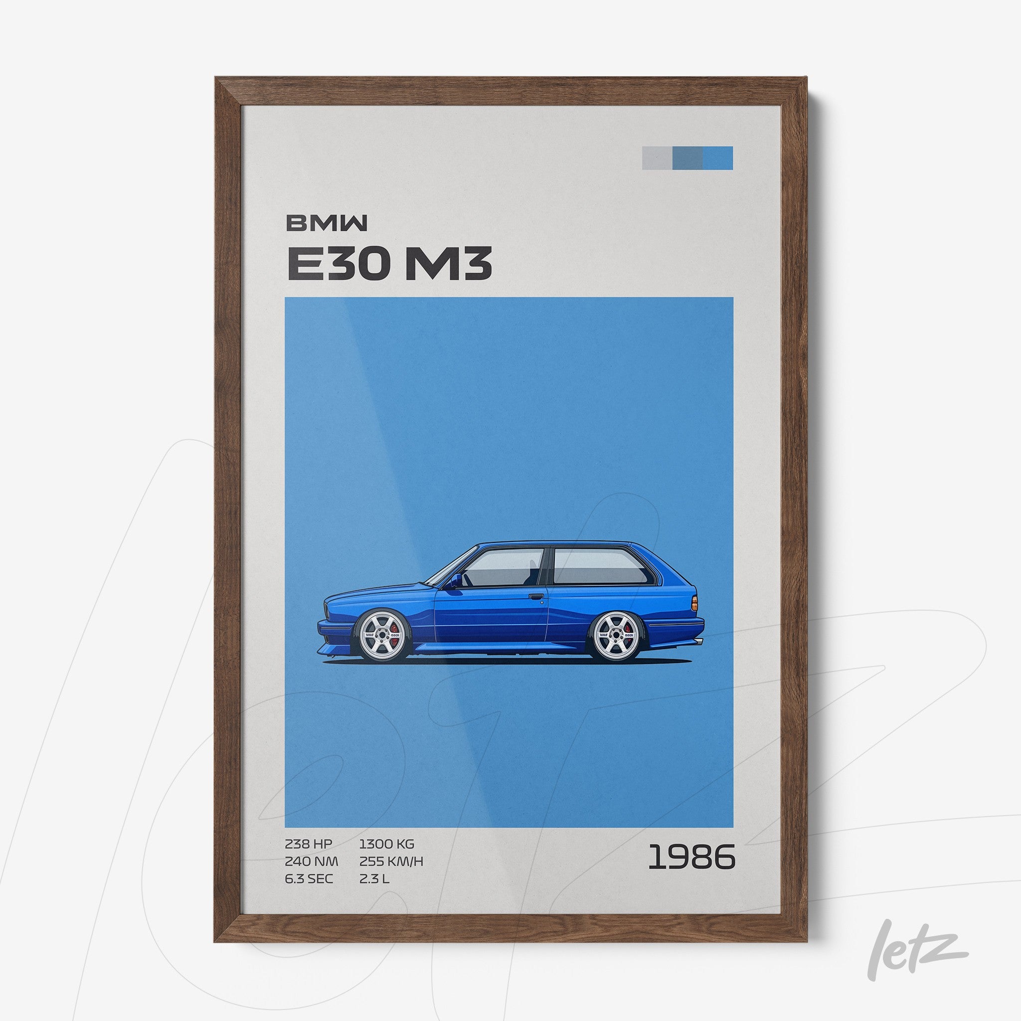 framed artwork featuring the BMW E30 M3 in blue background with dark wooden frame