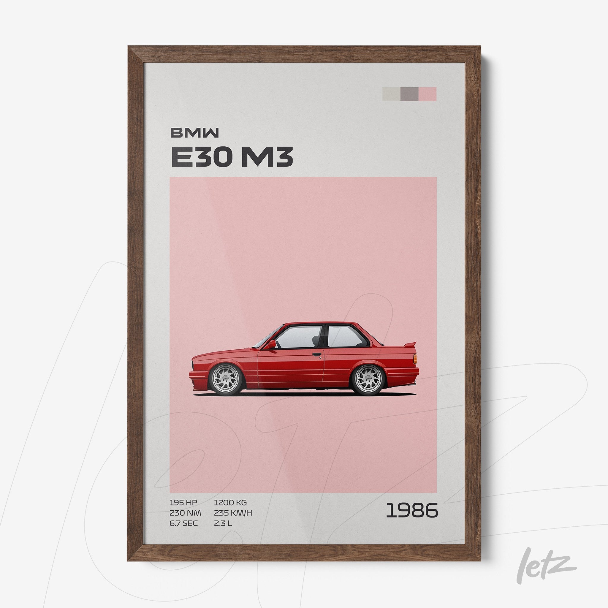 framed digital art of a red BMW E30 M3 car with a brown wooden frame
