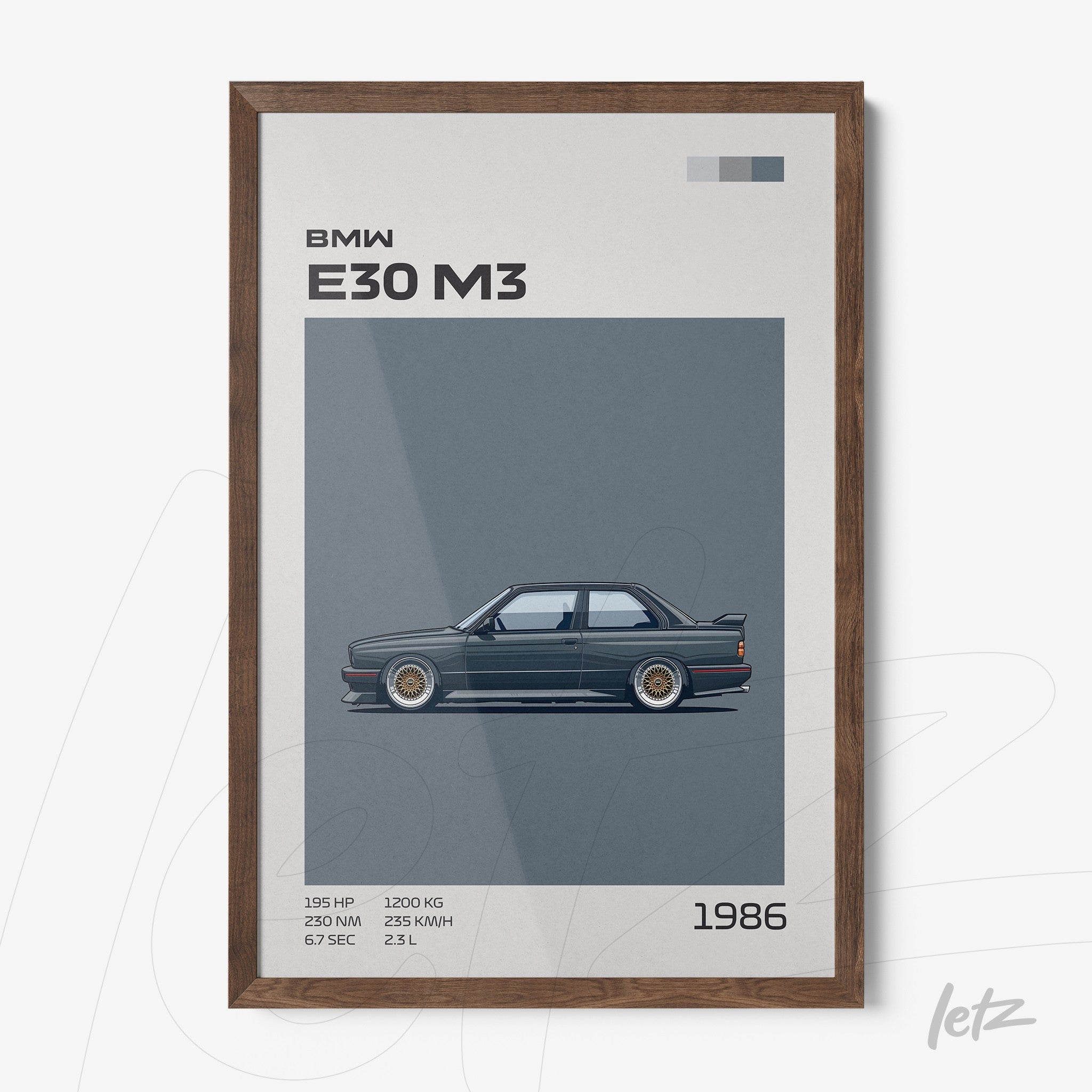framed digital art of a BMW E30 M3 showcasing its side profile with technical details in the background