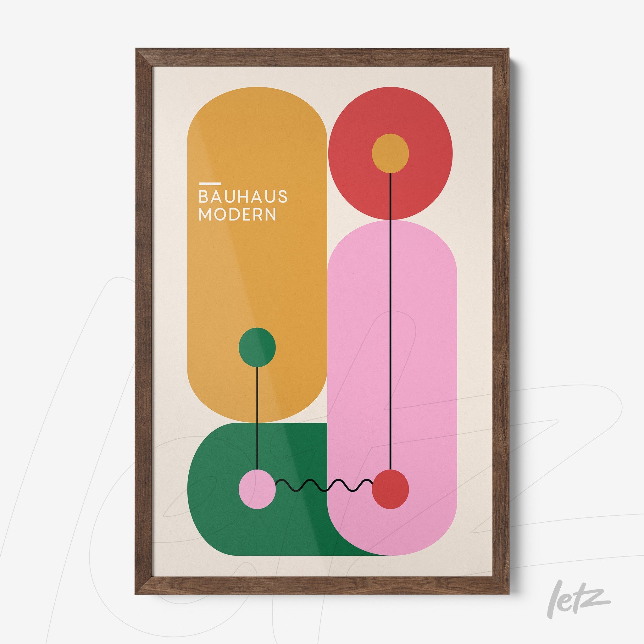 poster print featuring colorful geometric Bauhaus style art in a wooden frame