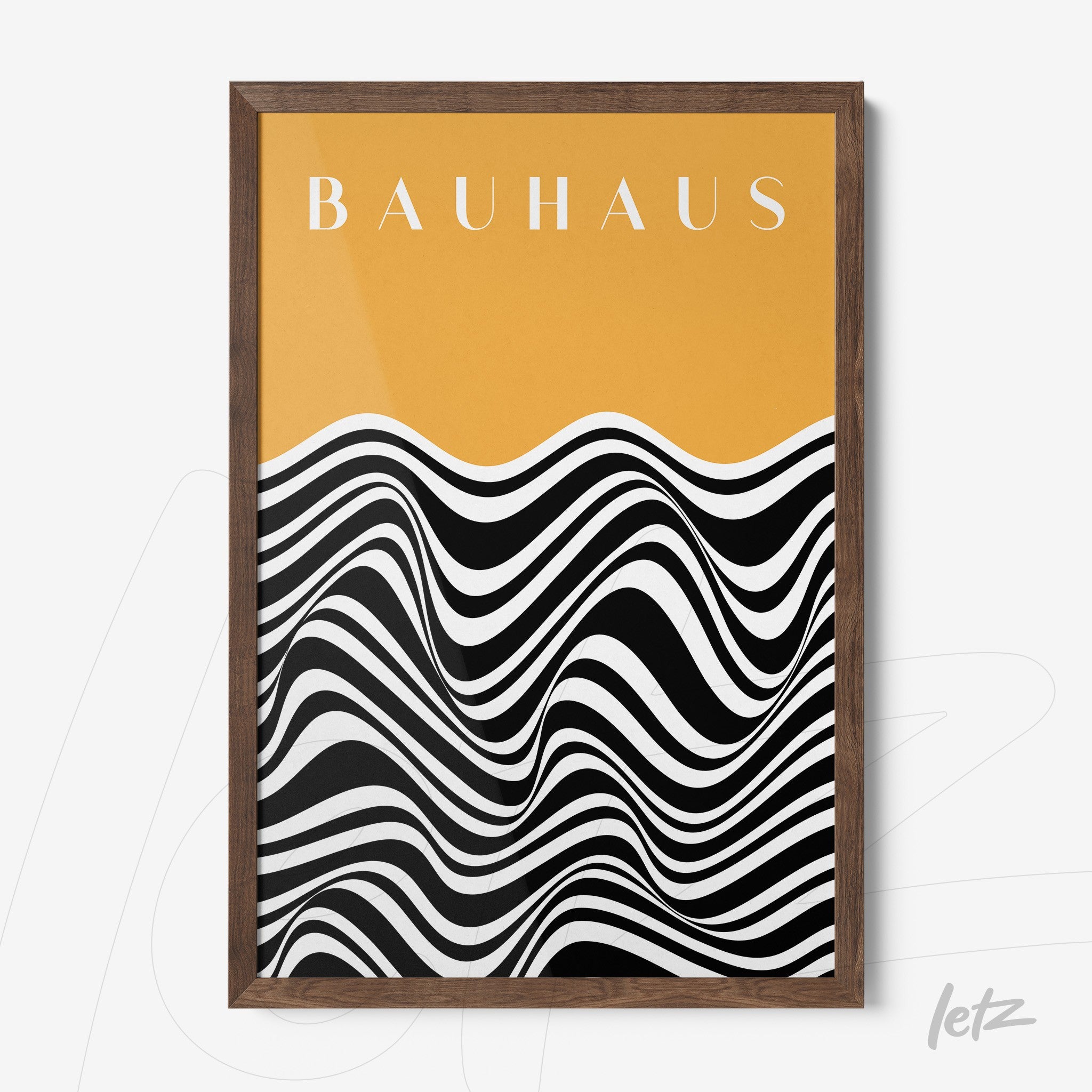 geometric art print of black and white waves on yellow background with wooden frame