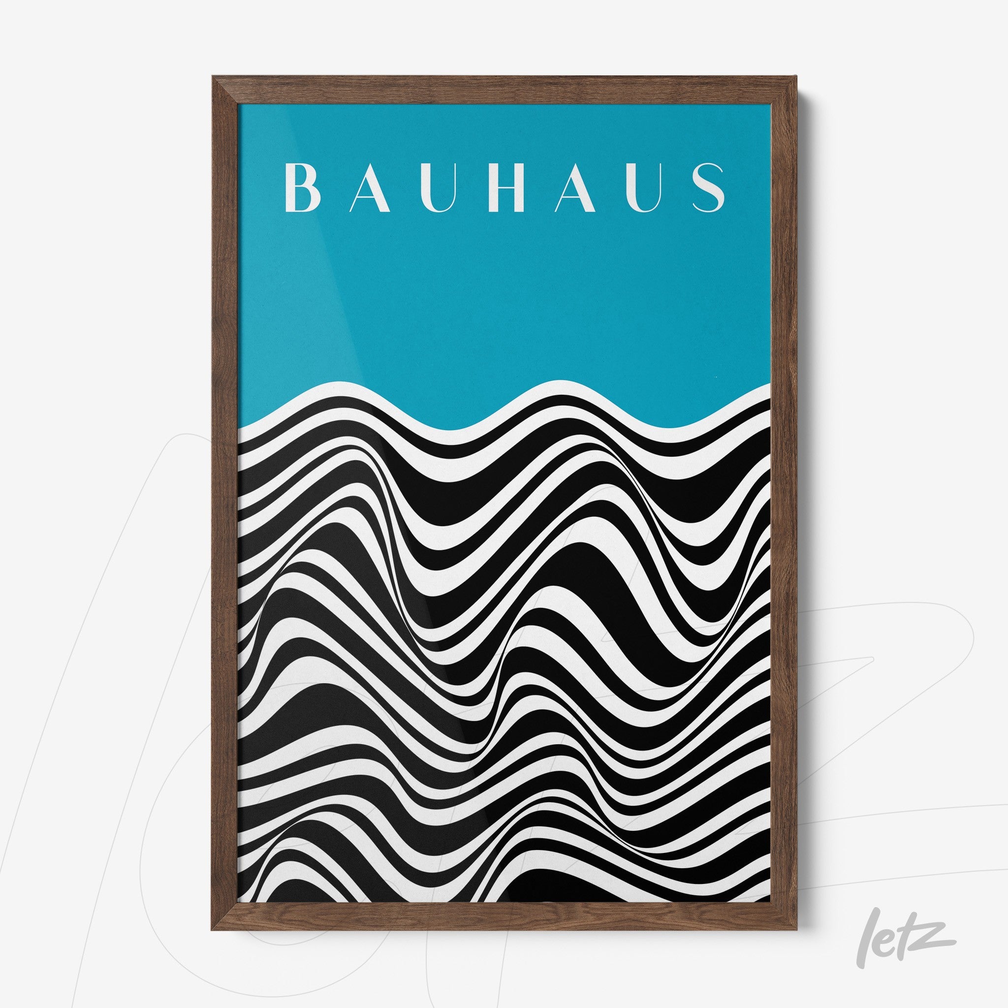 modern art of black and white waves on turquoise background with 'bauhaus' title, framed in dark wood