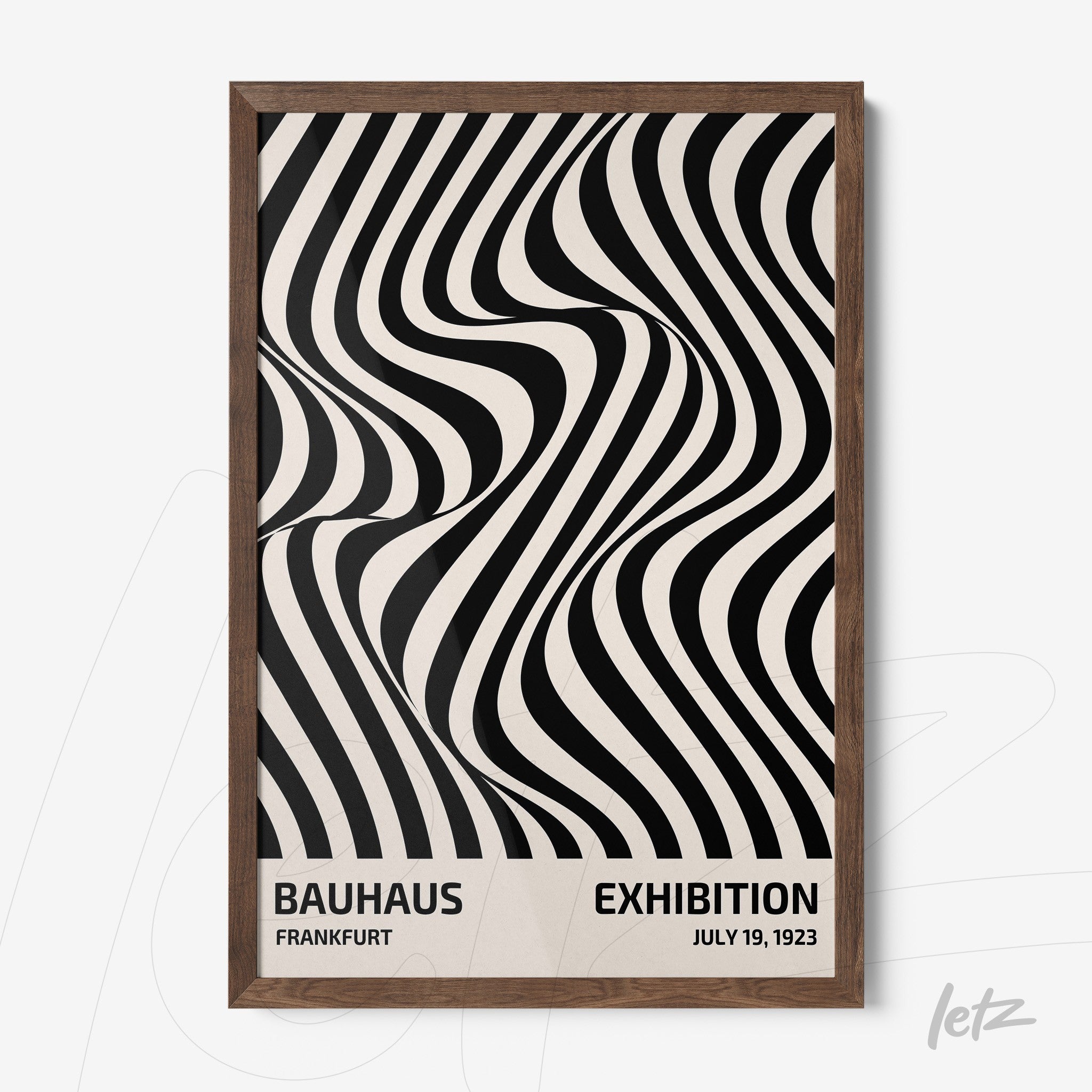 poster art featuring black and white wavy geometric patterns with Bauhaus exhibition details in a dark wood frame