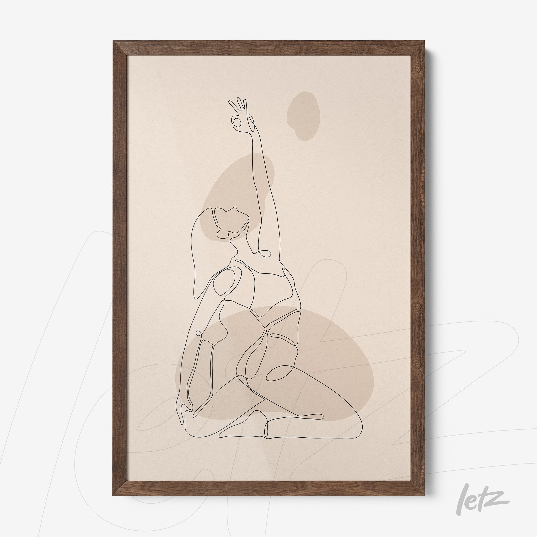 framed line art depicting a woman raising her arm on a soft beige background, with dark wood frame