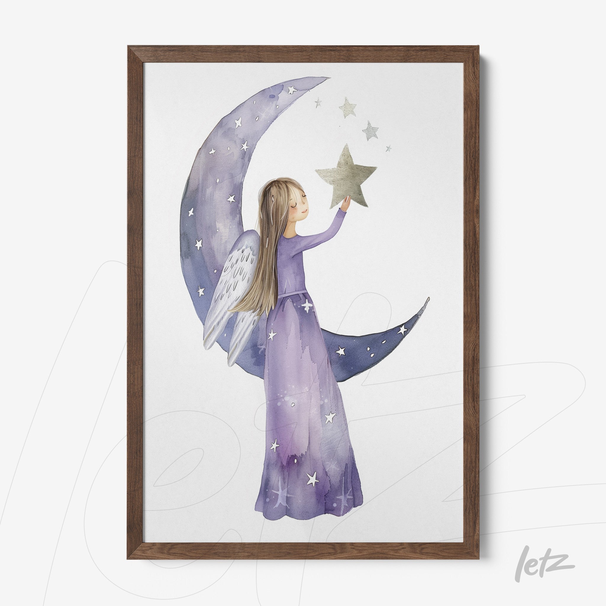 framed artwork of a girl with angel wings next to a crescent moon, wearing a purple dress and holding a star