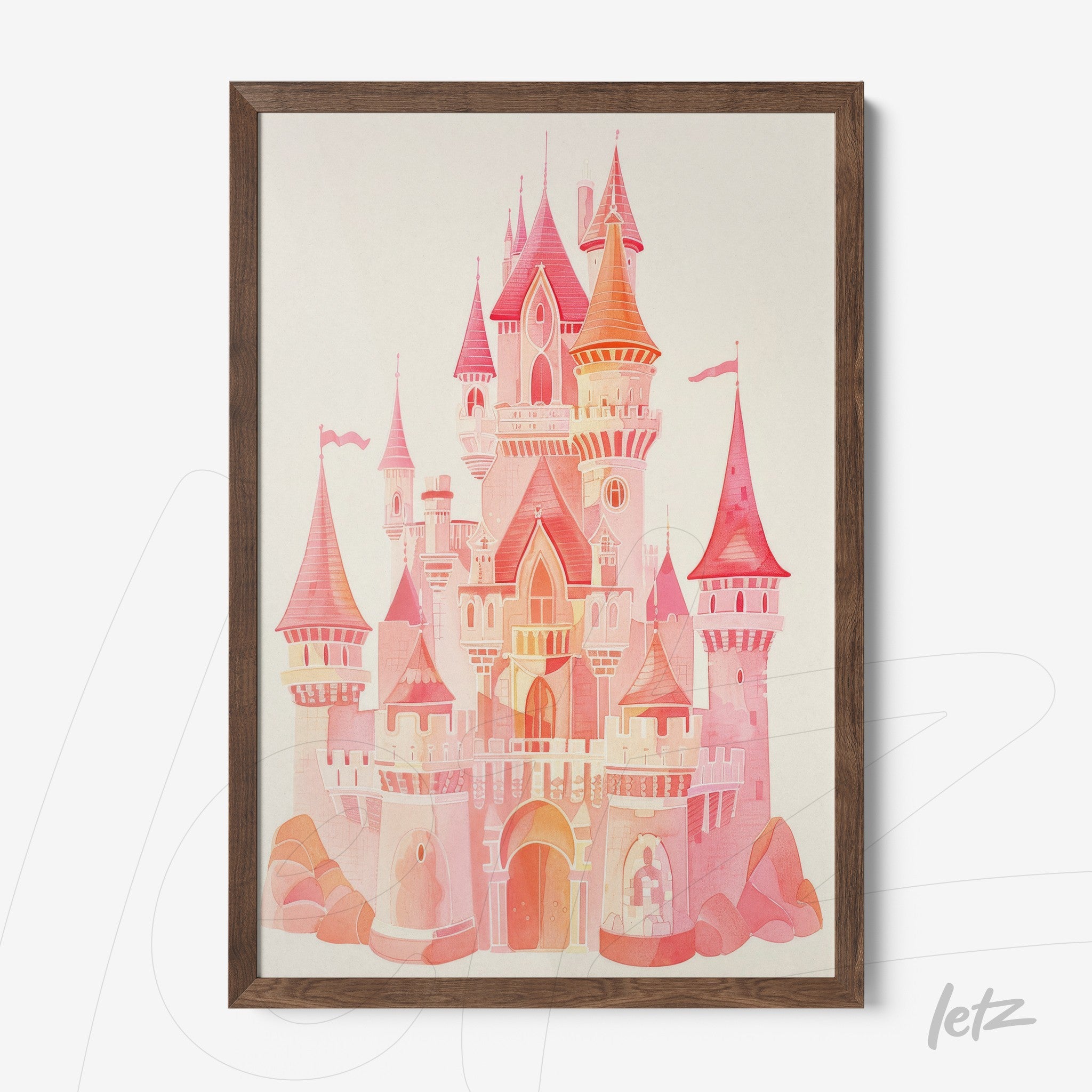 framed artwork of a fairy tale castle in pink and orange hues with dark wood frame