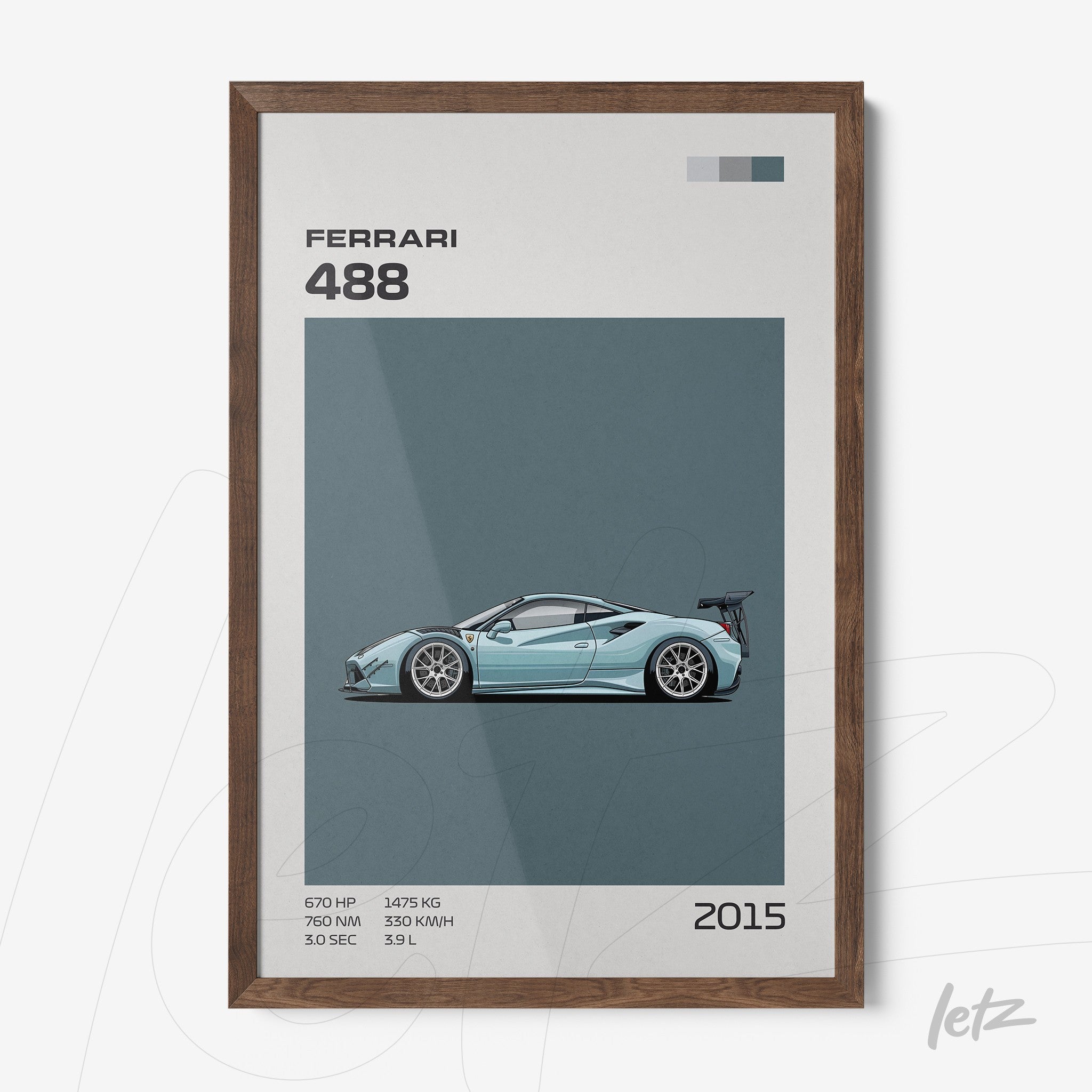 framed wall art featuring an illustration of the sporty Ferrari 488 with a dark wood frame