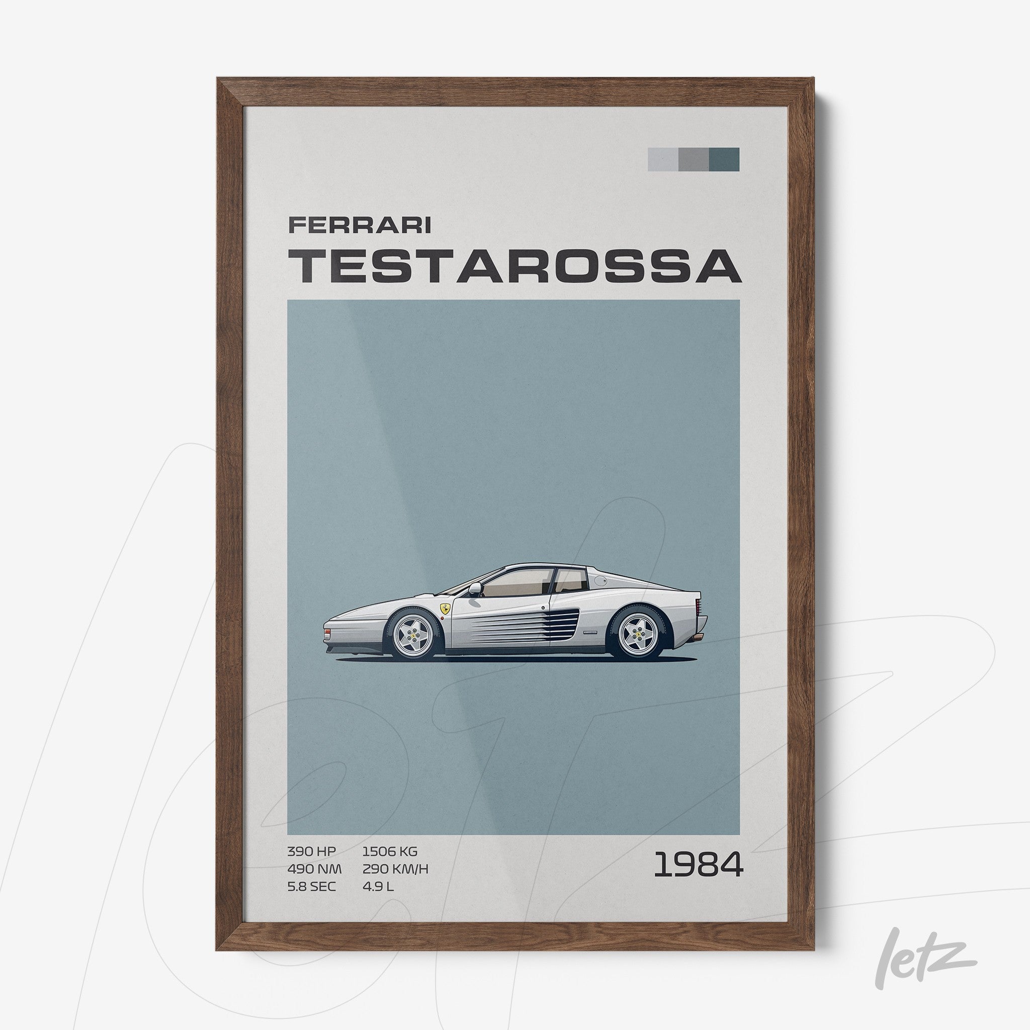 framed vintage illustration of Ferrari Testarossa car with dark wood frame and light blue background