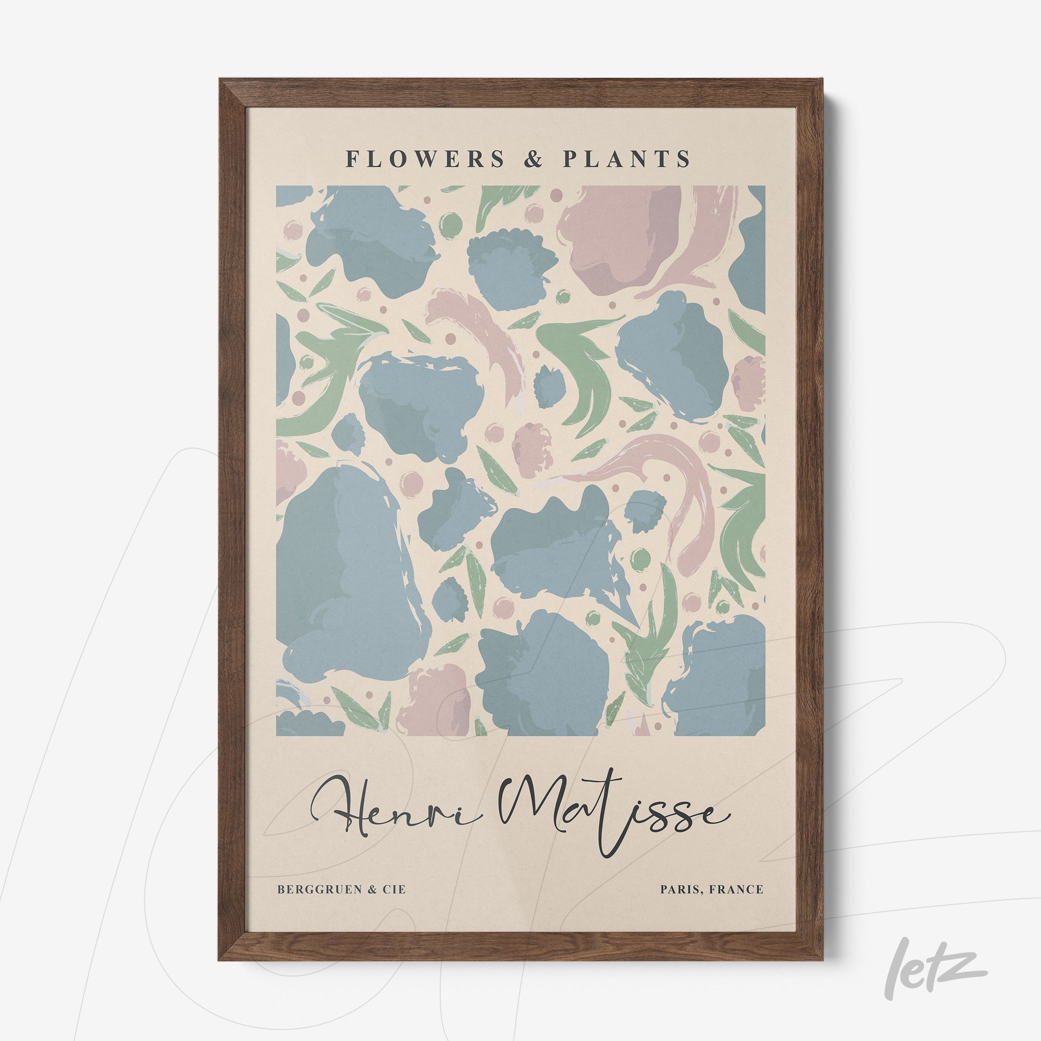 framed wall art featuring an abstract flower and plant pattern in dark wood frame
