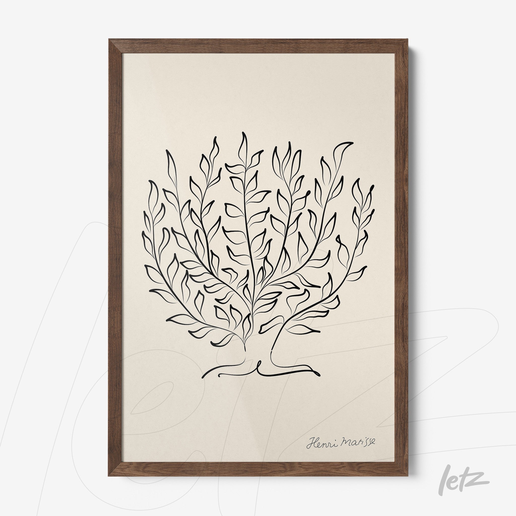 framed artwork featuring minimalist illustration of foliage with dark wood frame on light background