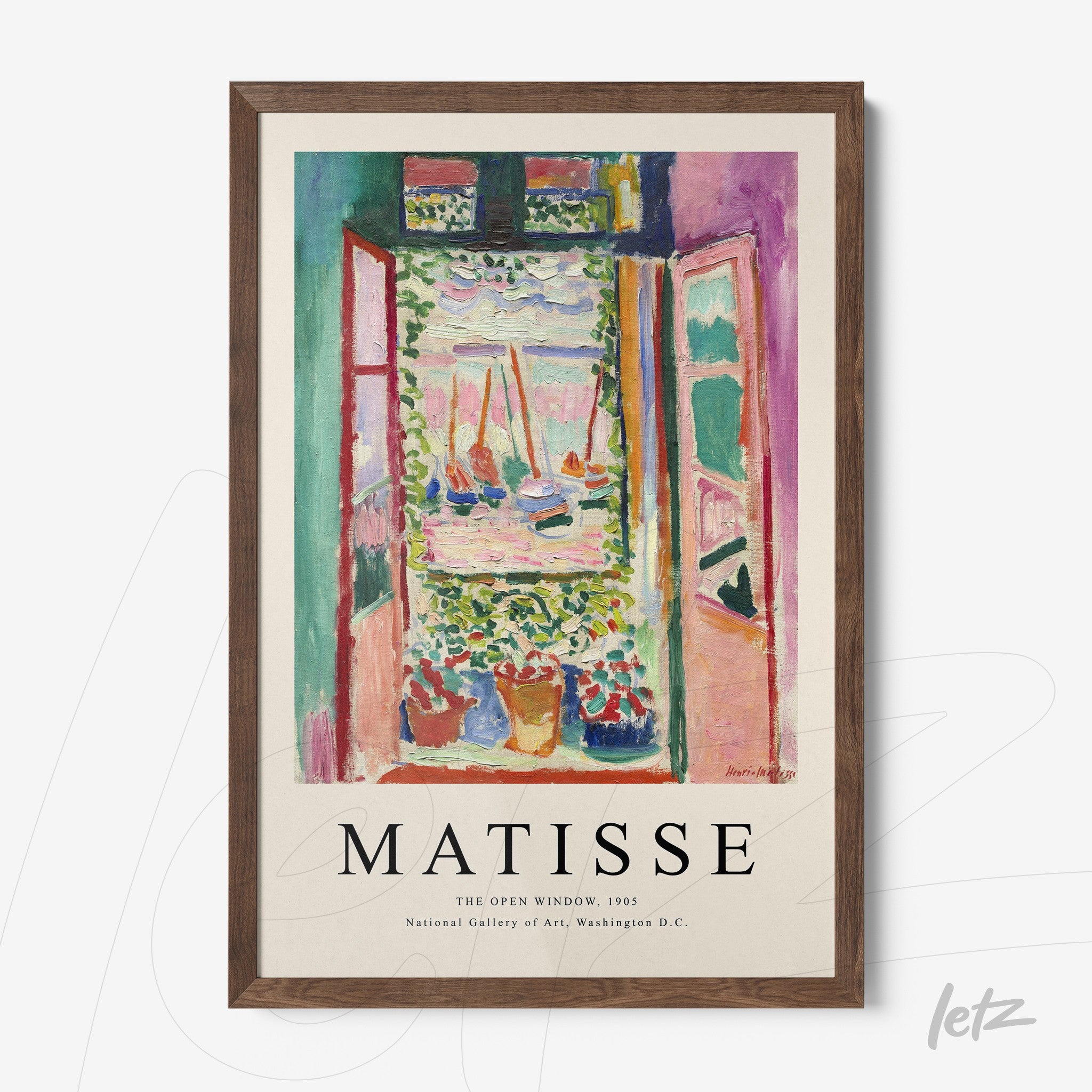 framed wall art by henri matisse titled the open window featuring vibrant colors and floral elements