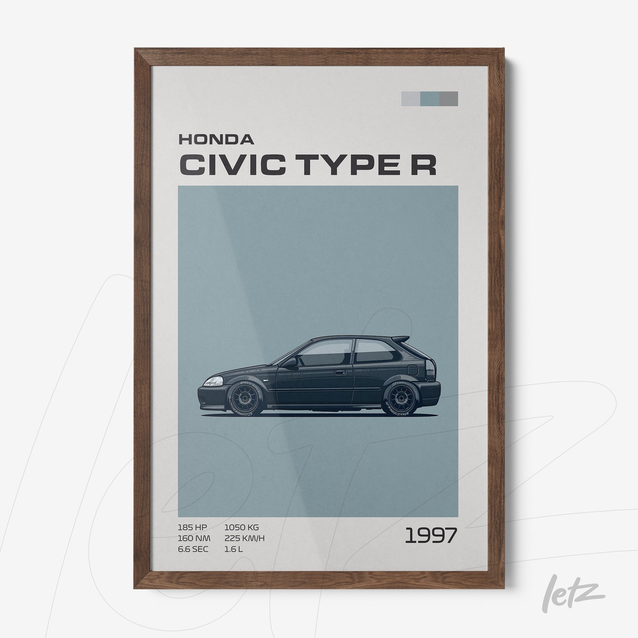 framed illustration of the 1997 Honda Civic Type R with dark wooden frame