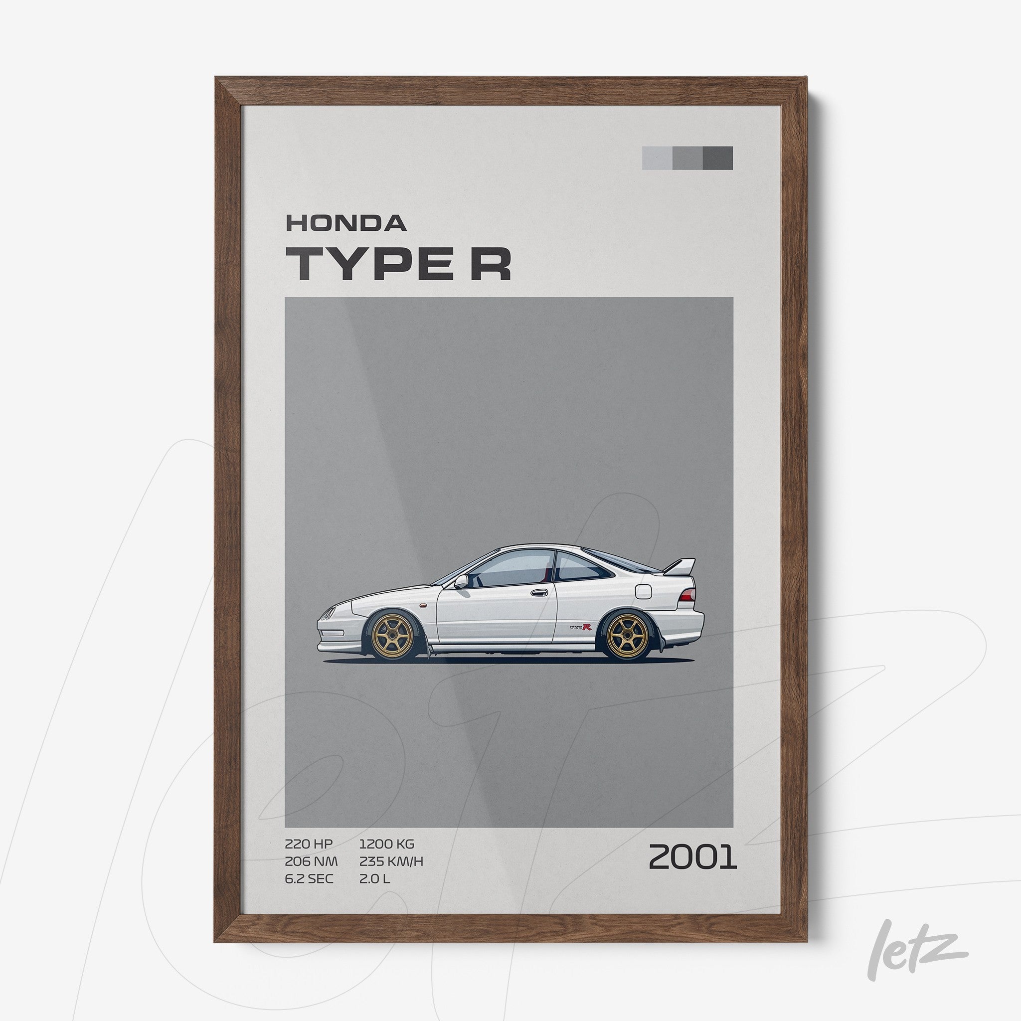 framed digital illustration of the Honda Type R car on a gray background with a light wood frame