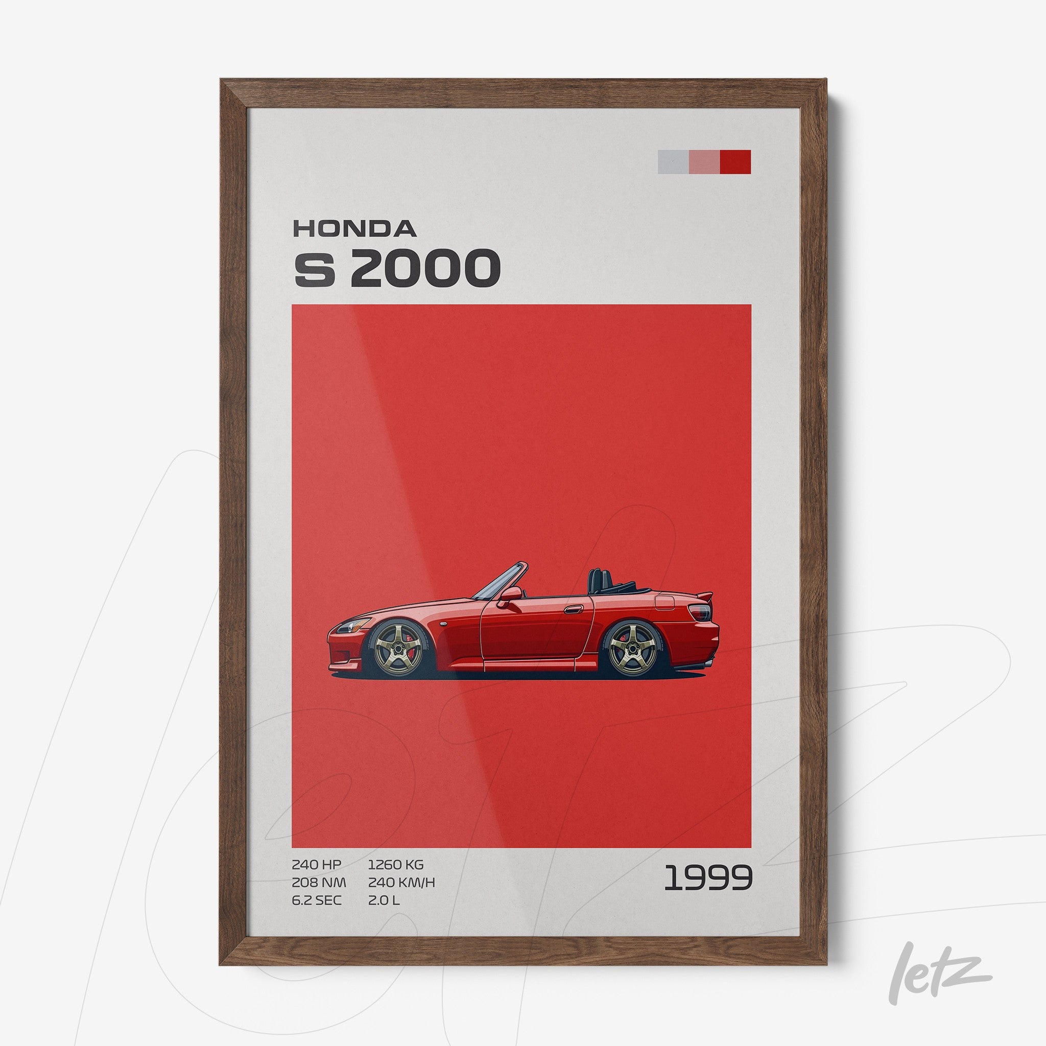 framed wall art of Honda S2000 car illustration on vibrant red background with dark wood frame