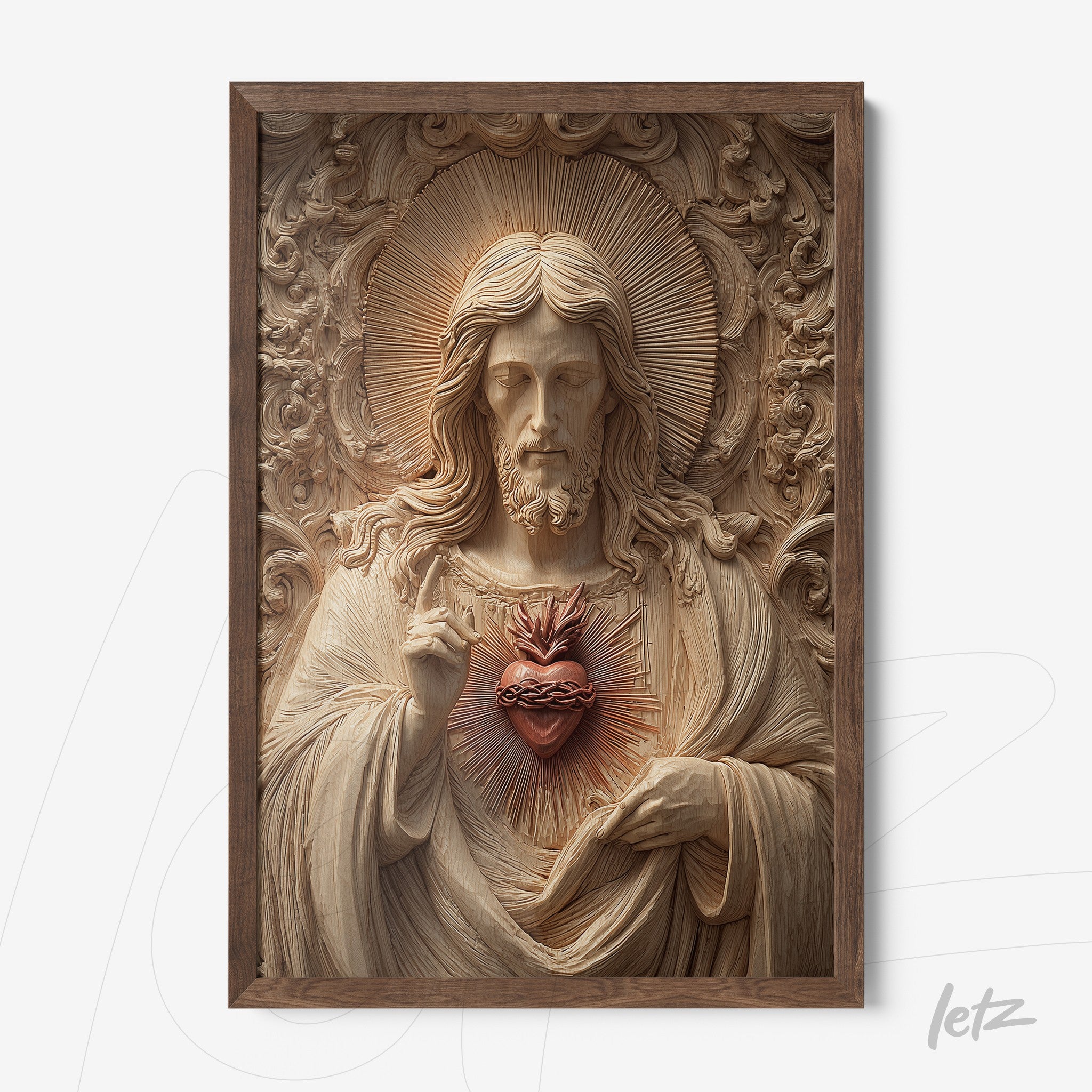 wooden wall art featuring a detailed sculpted image of Jesus Christ with a sacred heart in relief, dark frame