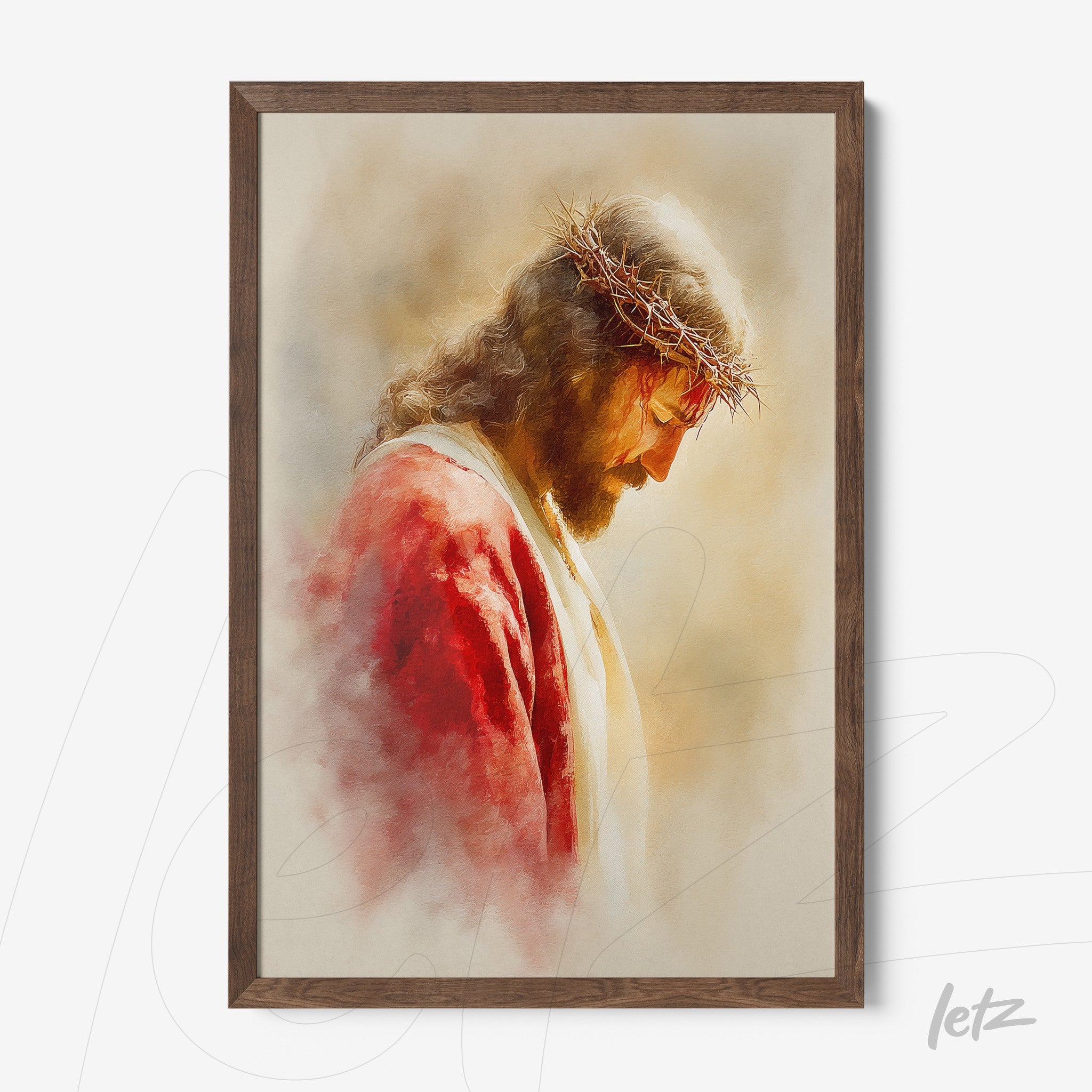 framed digital art of Jesus Christ with a crown of thorns in dark wood frame