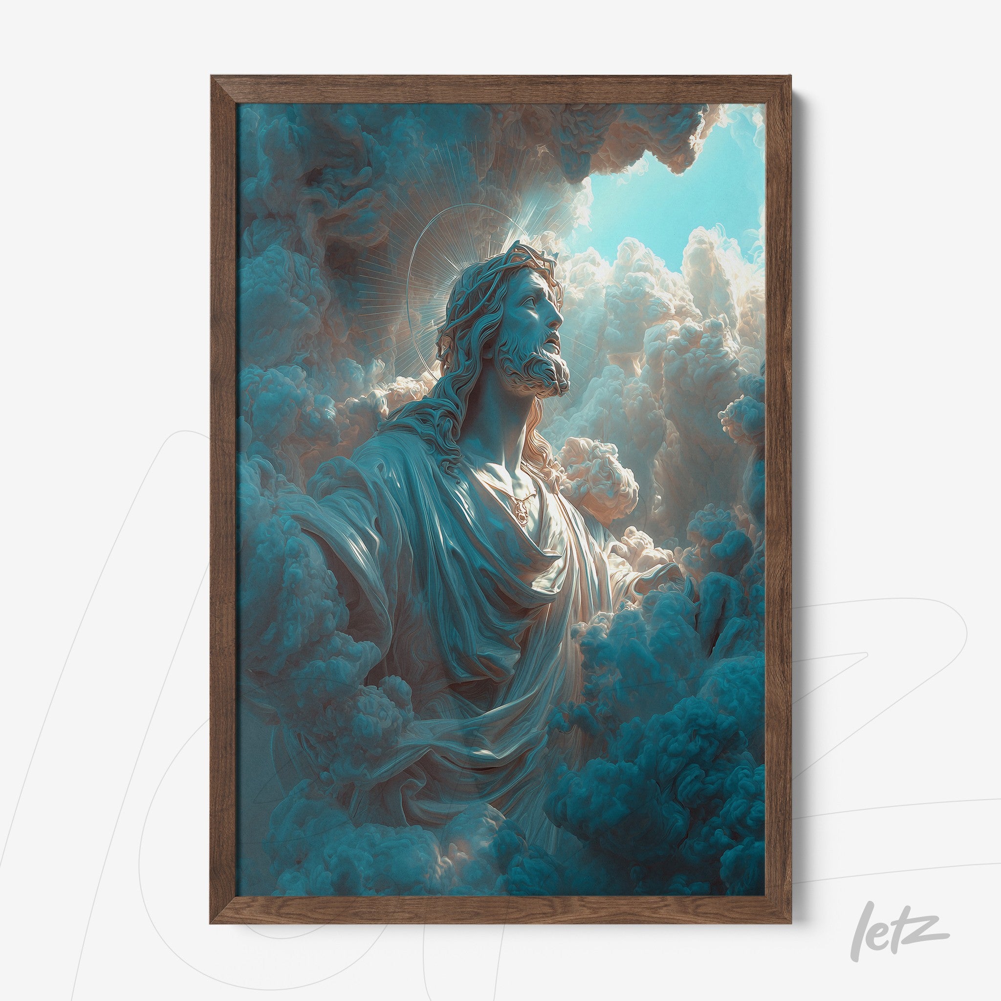 framed digital artwork of a divine figure emerging from clouds with dark wood frame