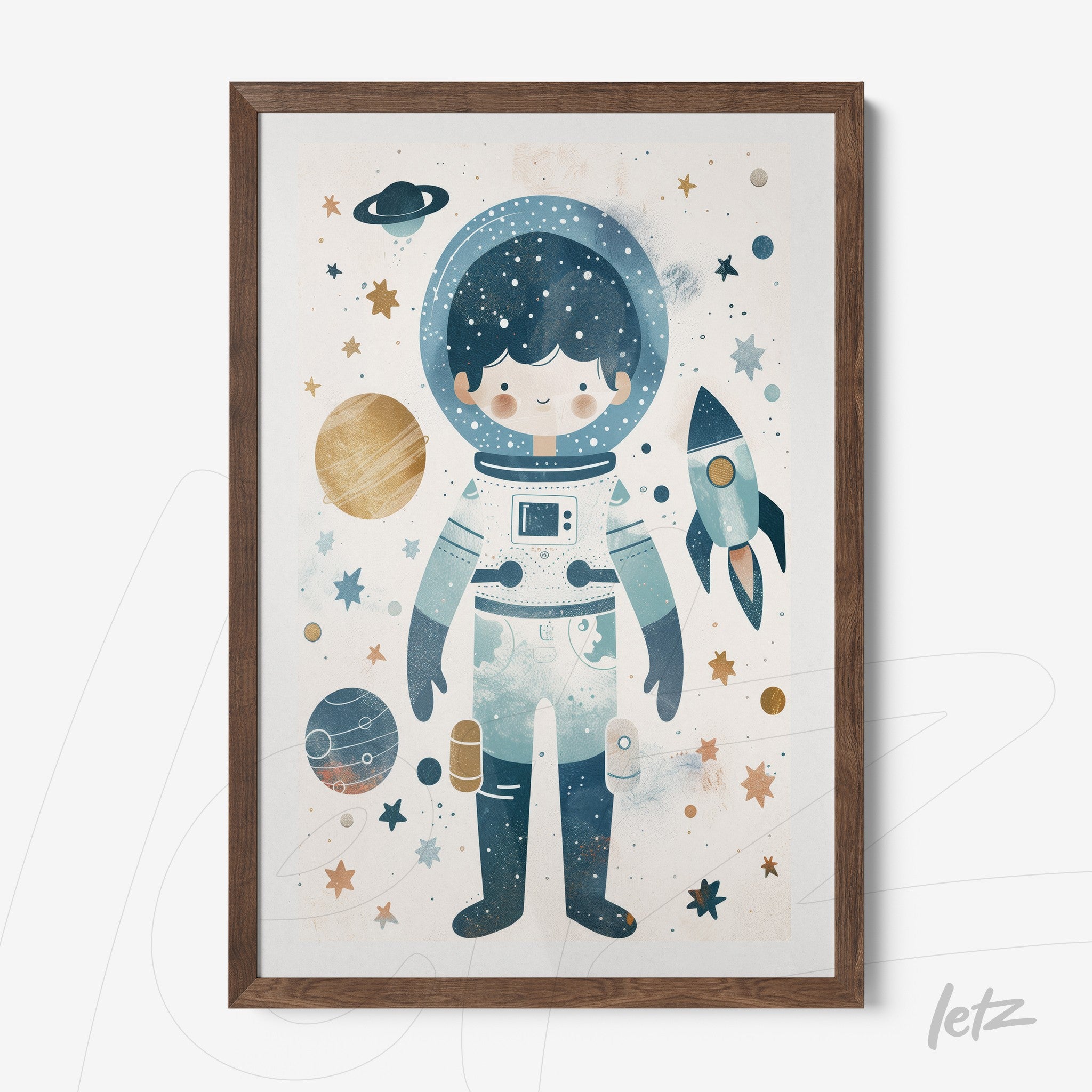 framed children's art of an astronaut with a space background featuring planets and stars in a light wood frame