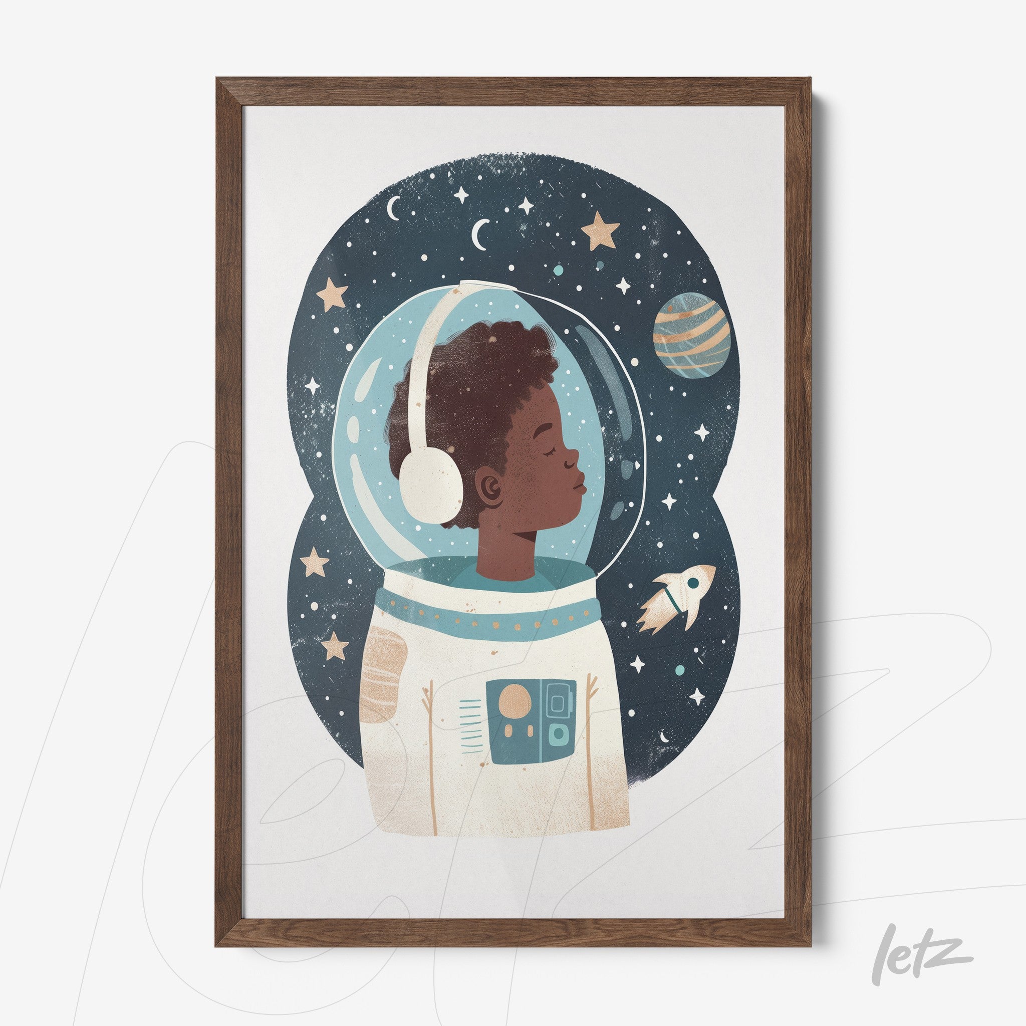 framed artwork featuring an illustration of a black astronaut against a starry space background with light wooden frame