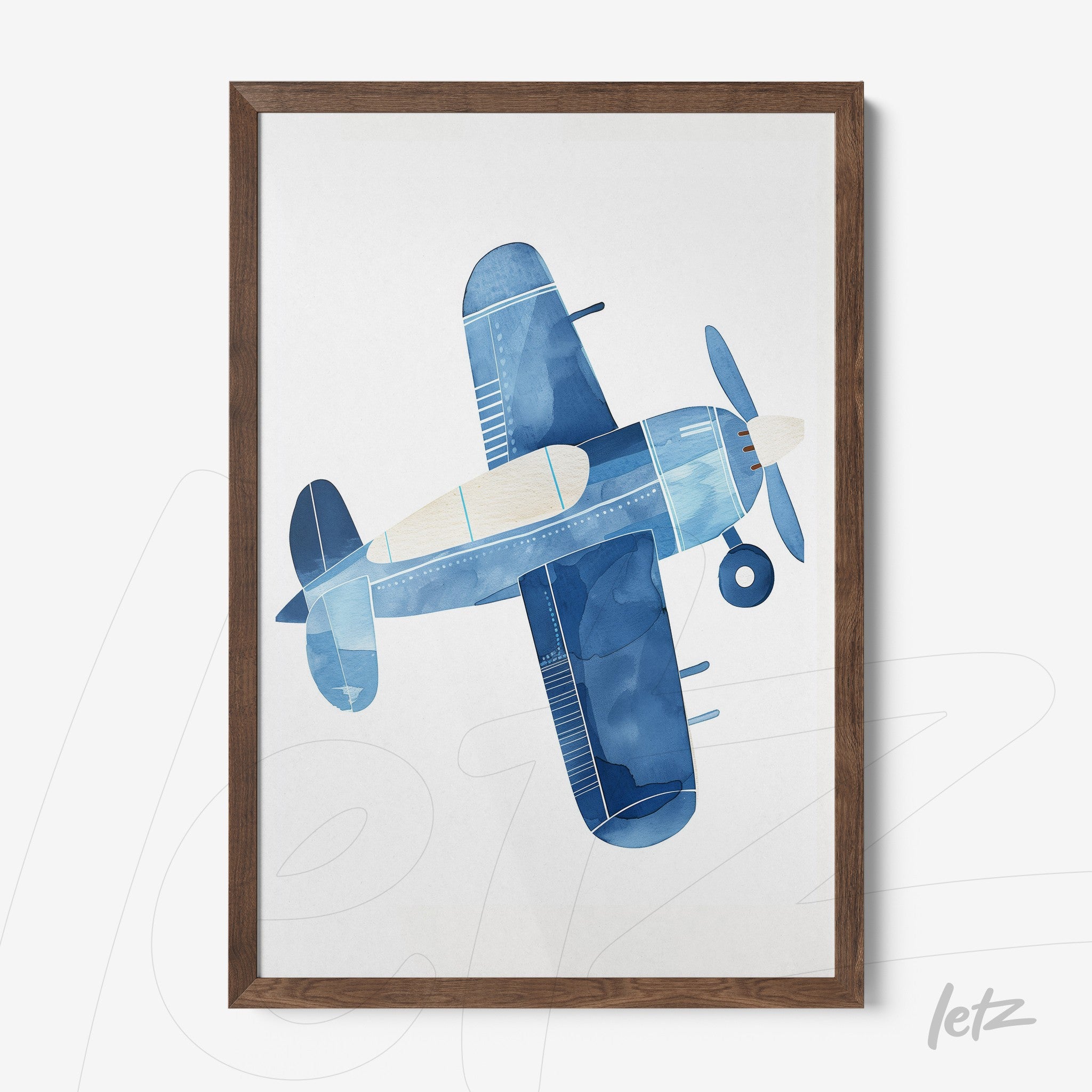 framed wall art featuring a stylized airplane illustration in shades of blue
