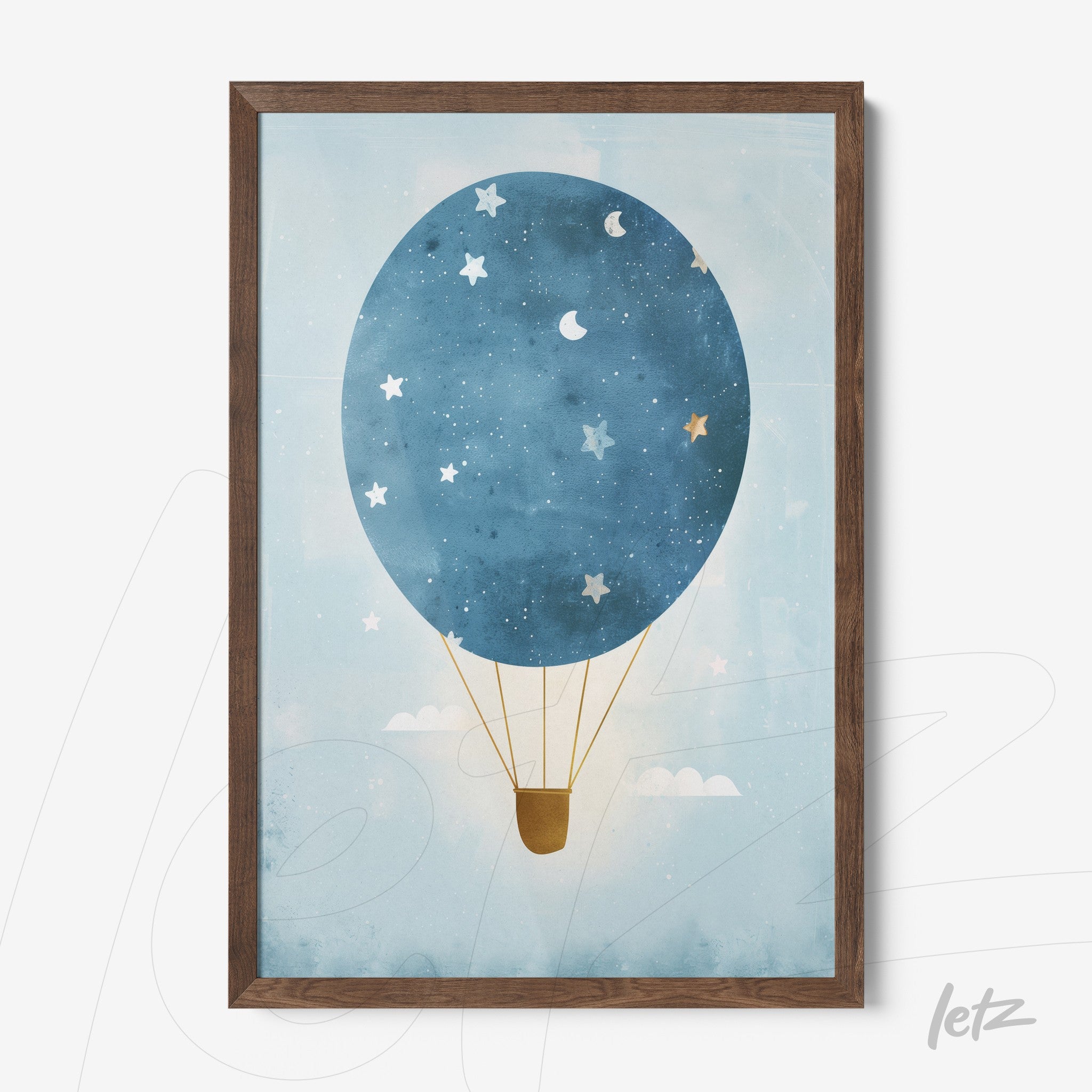 framed art of a hot air balloon against a blue background with white stars and golden details