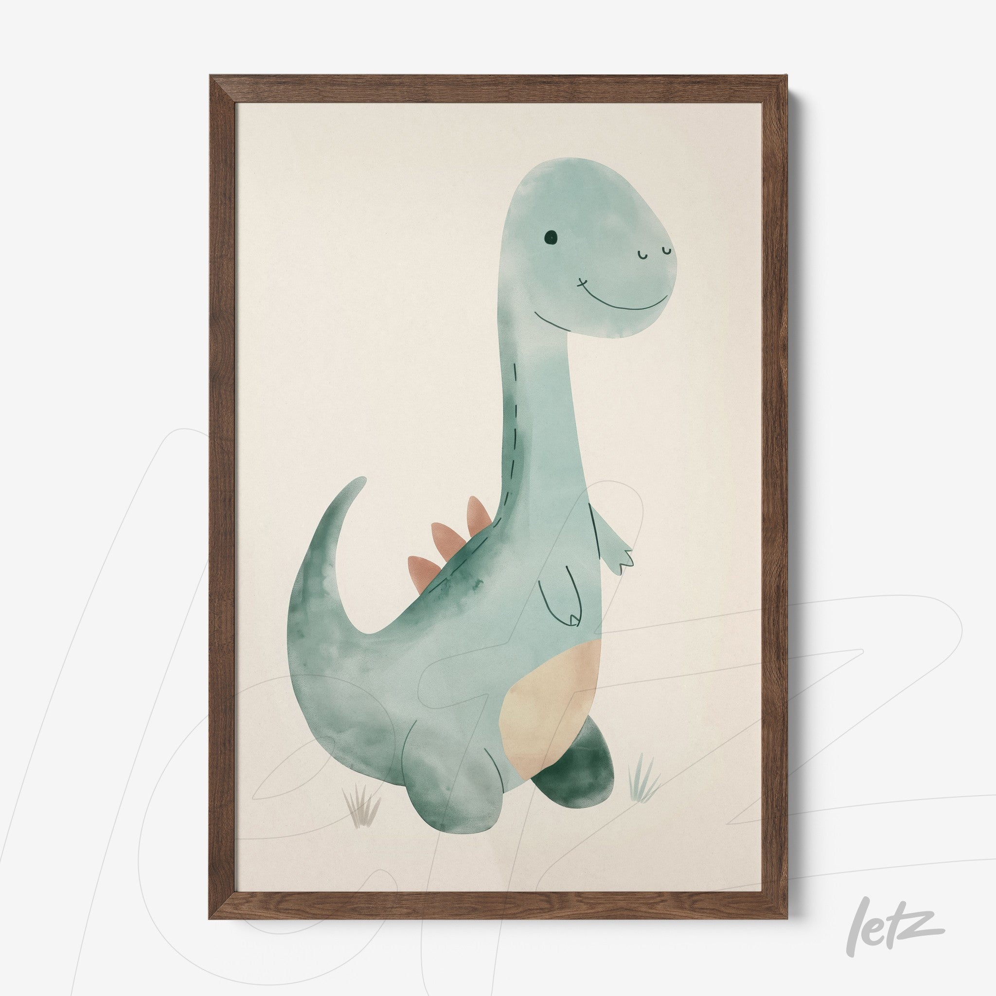 framed wall art featuring a cute dinosaur illustration in dark wood frame