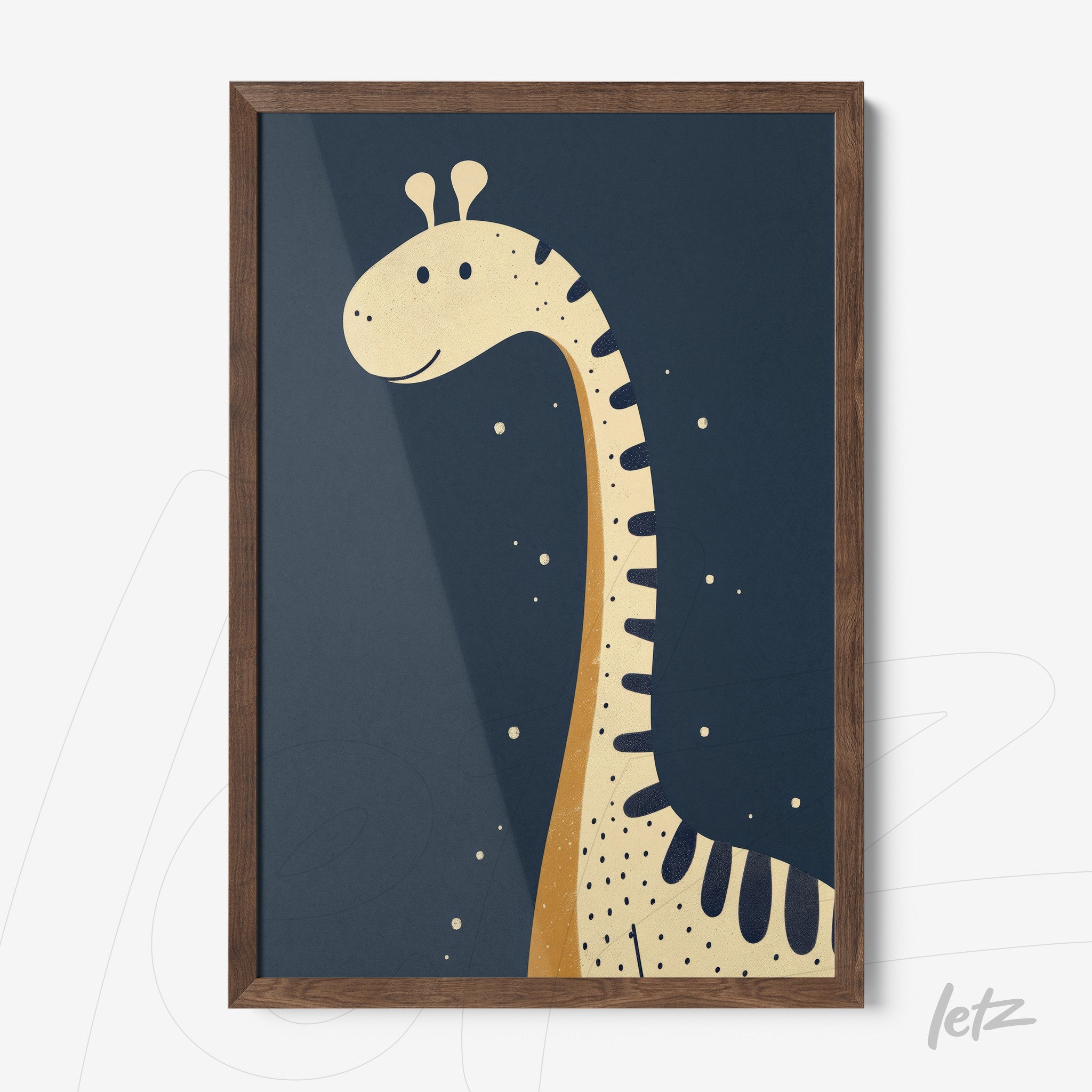 framed artwork featuring a playful giraffe illustration on a dark blue background with light wood frame