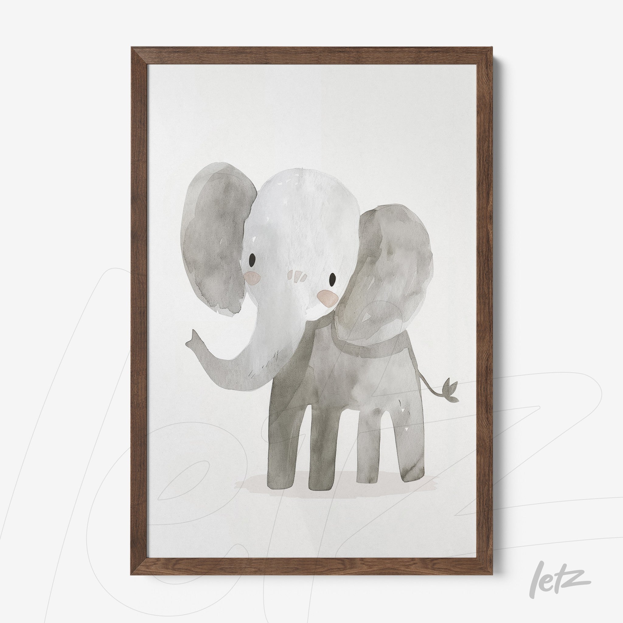 framed watercolor illustration of an elephant with a dark wood frame