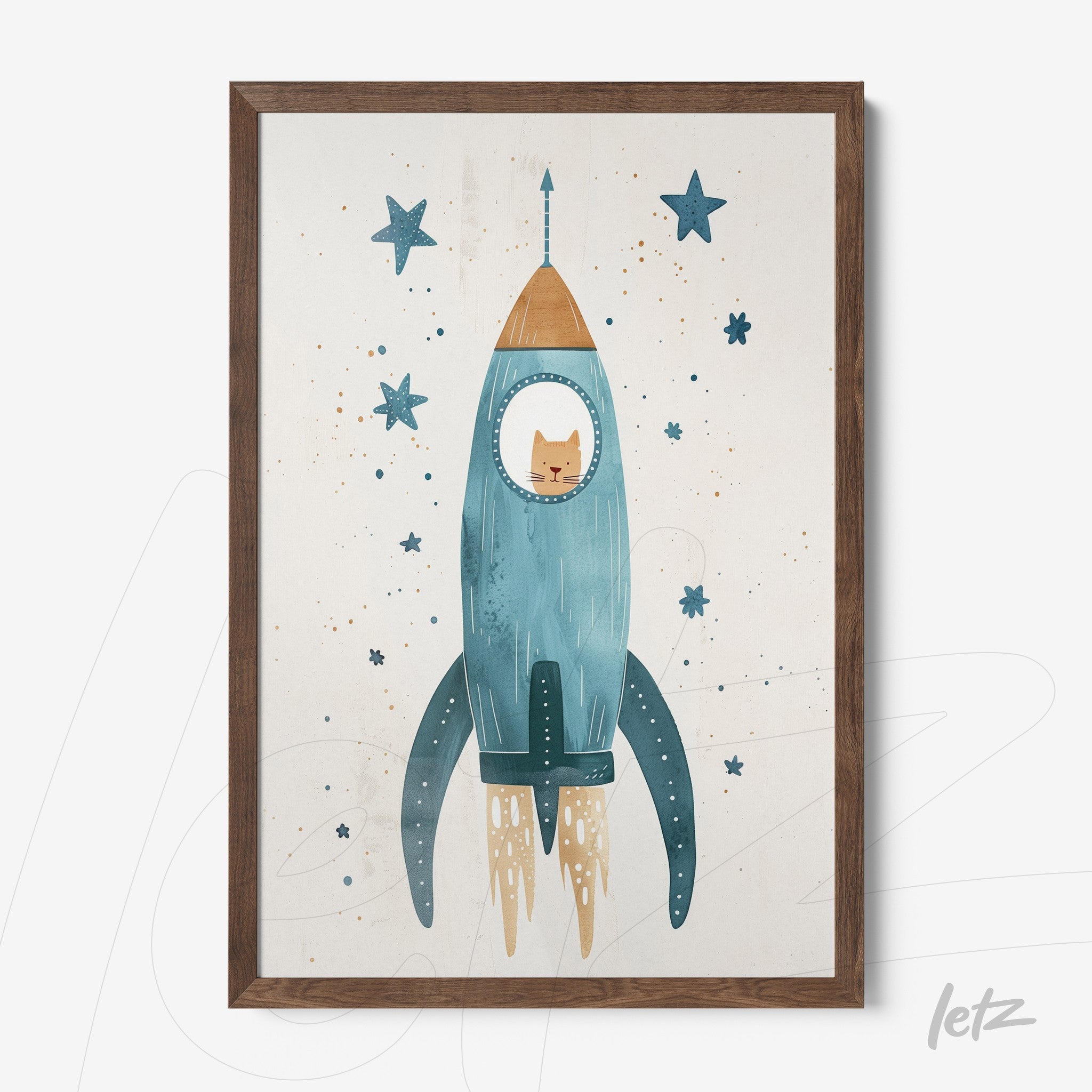 framed illustration of a blue rocket with a cat in the window, surrounded by stars