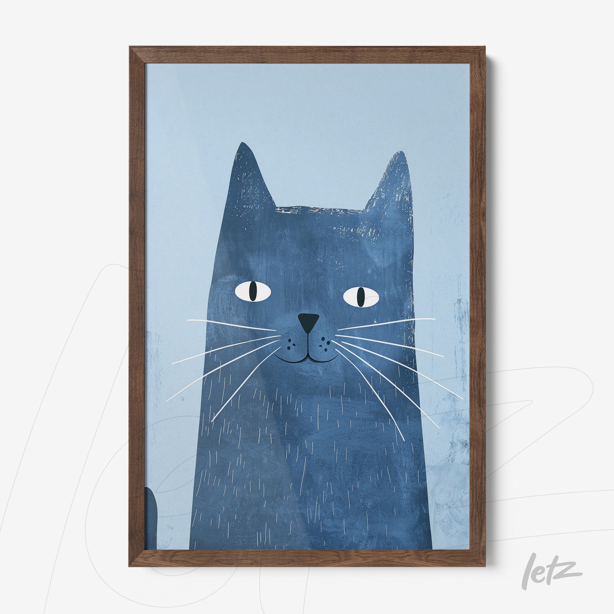 framed artwork of a blue cat illustration with dark wood frame