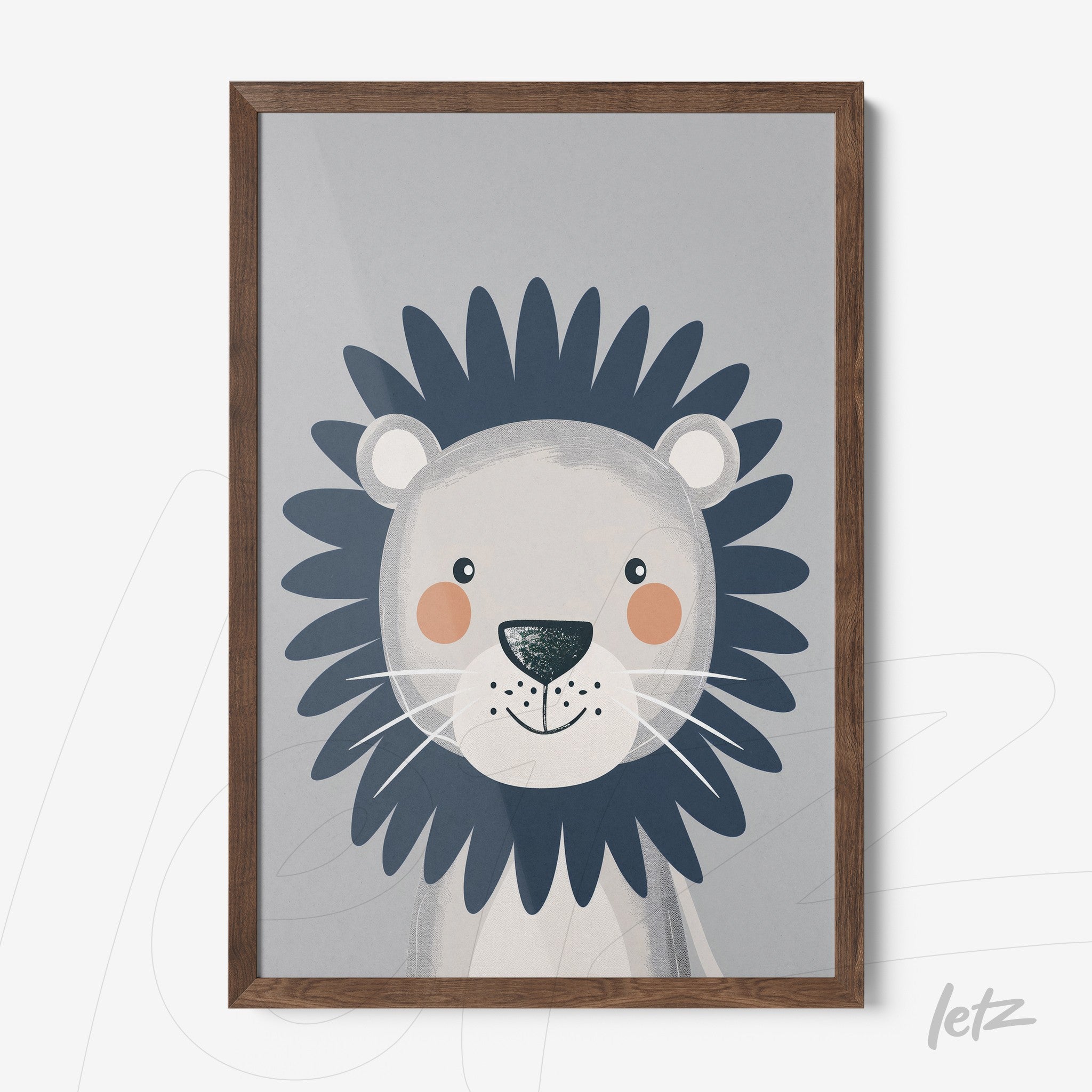 framed wall art featuring a cute lion illustration with gray background and dark wood frame