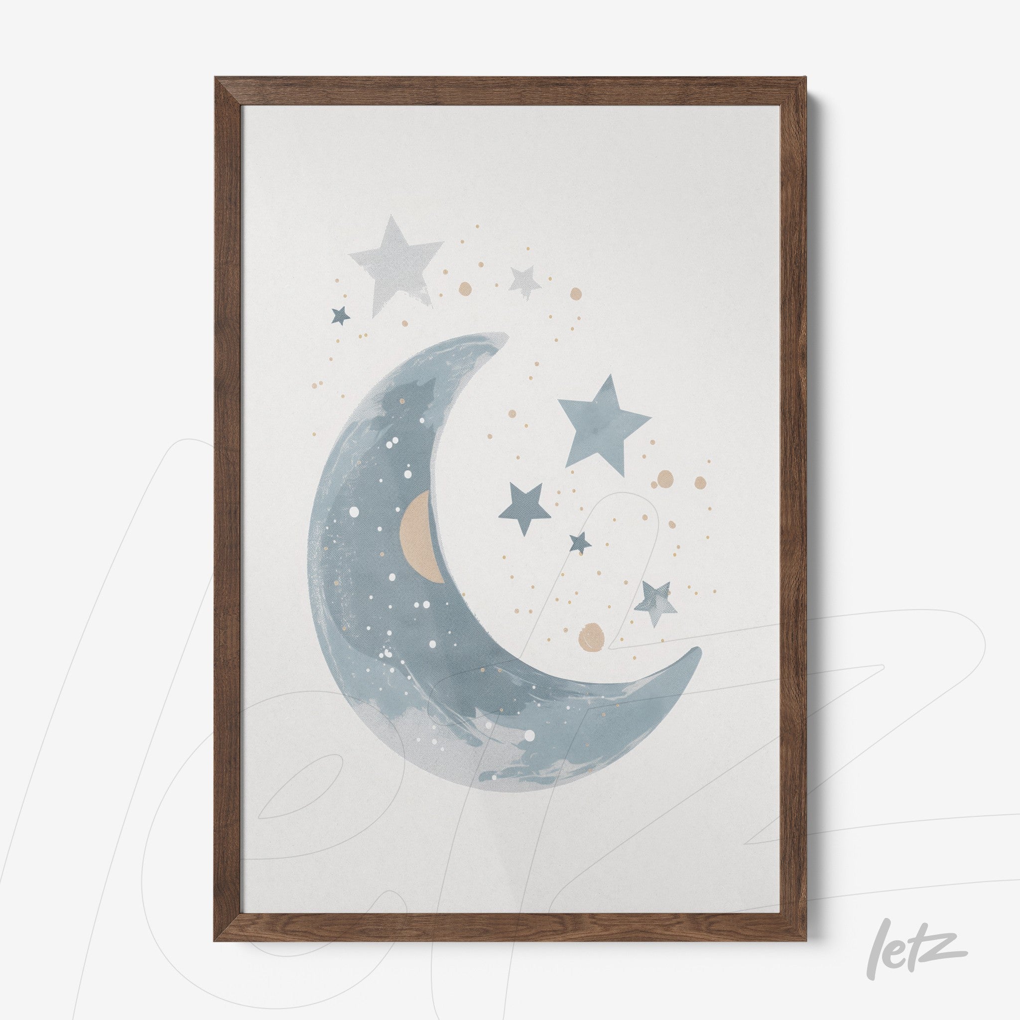framed artwork featuring a moon and stars in soft blue tones with a dark wood frame
