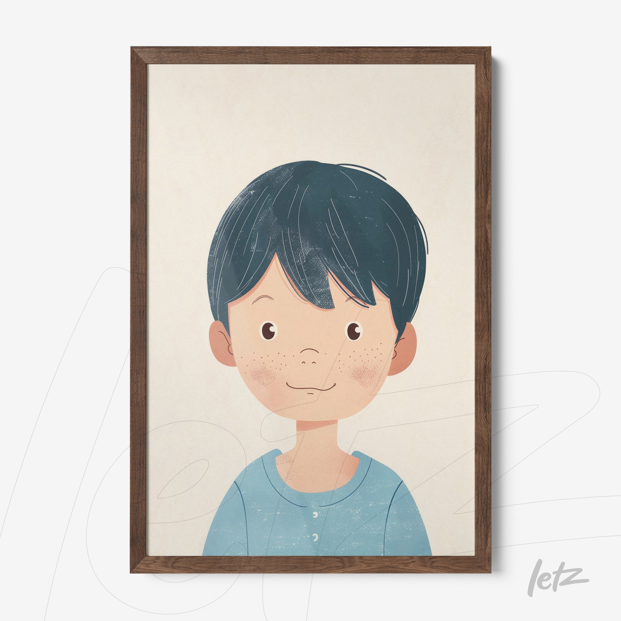 framed artwork featuring a smiling boy with short dark hair wearing a light blue shirt