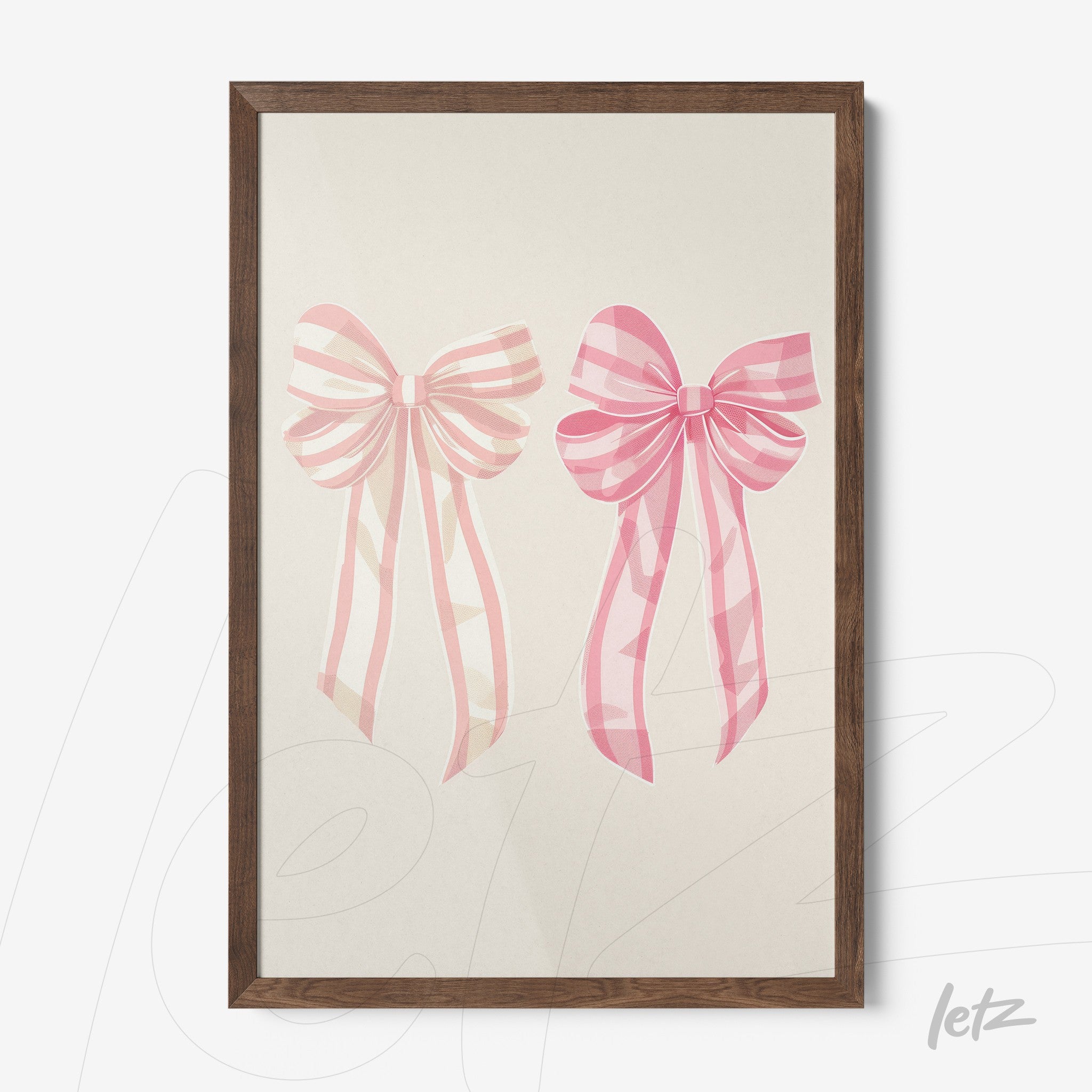 framed art featuring pink bows with ribbons on a light background