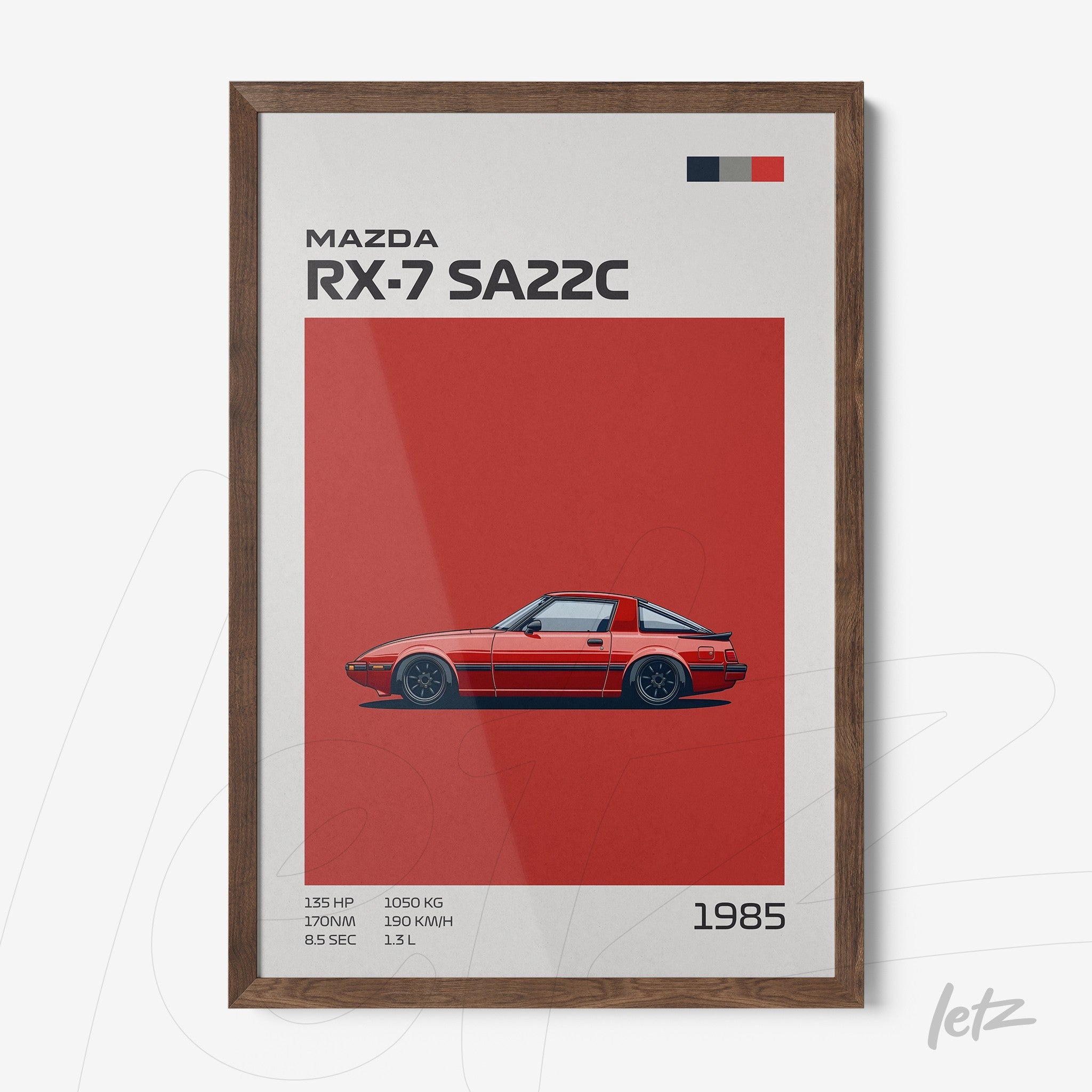 framed graphic art of a red Mazda RX-7 SA22C on a bold red background with a dark wood frame