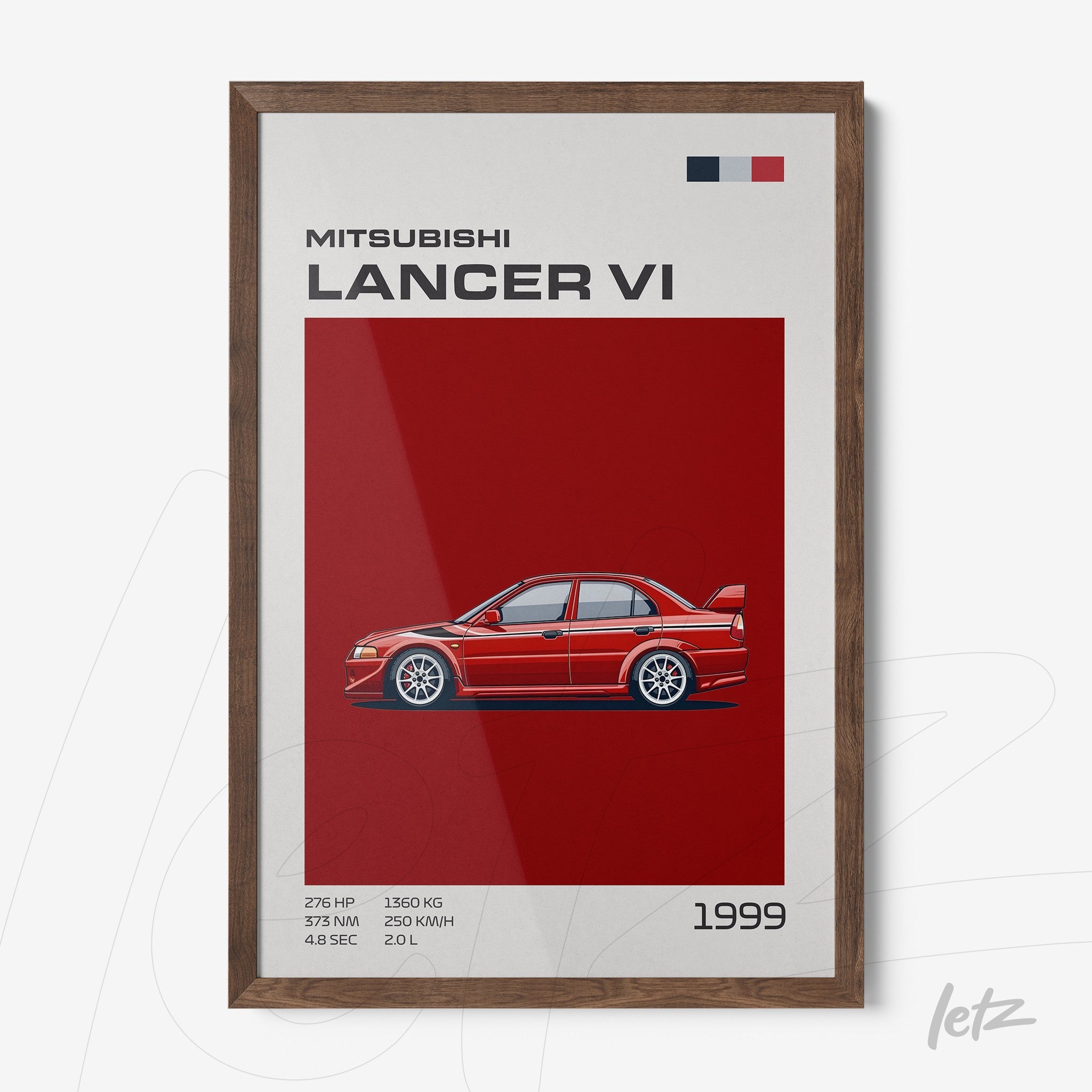 framed illustration of the Mitsubishi Lancer VI on a red background with dark wood frame
