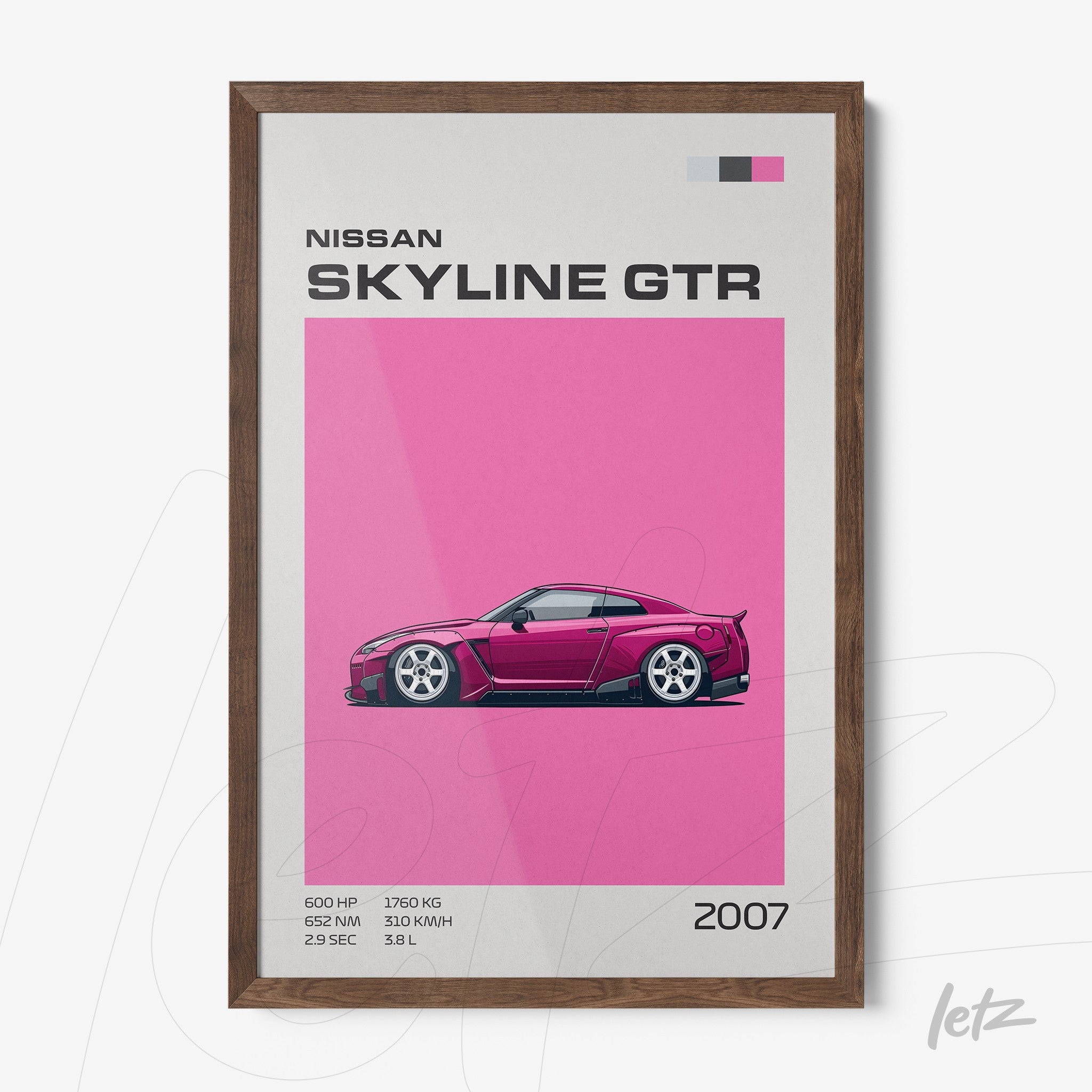 framed wall art featuring the Nissan Skyline GTR in vibrant pink background with dark wood frame