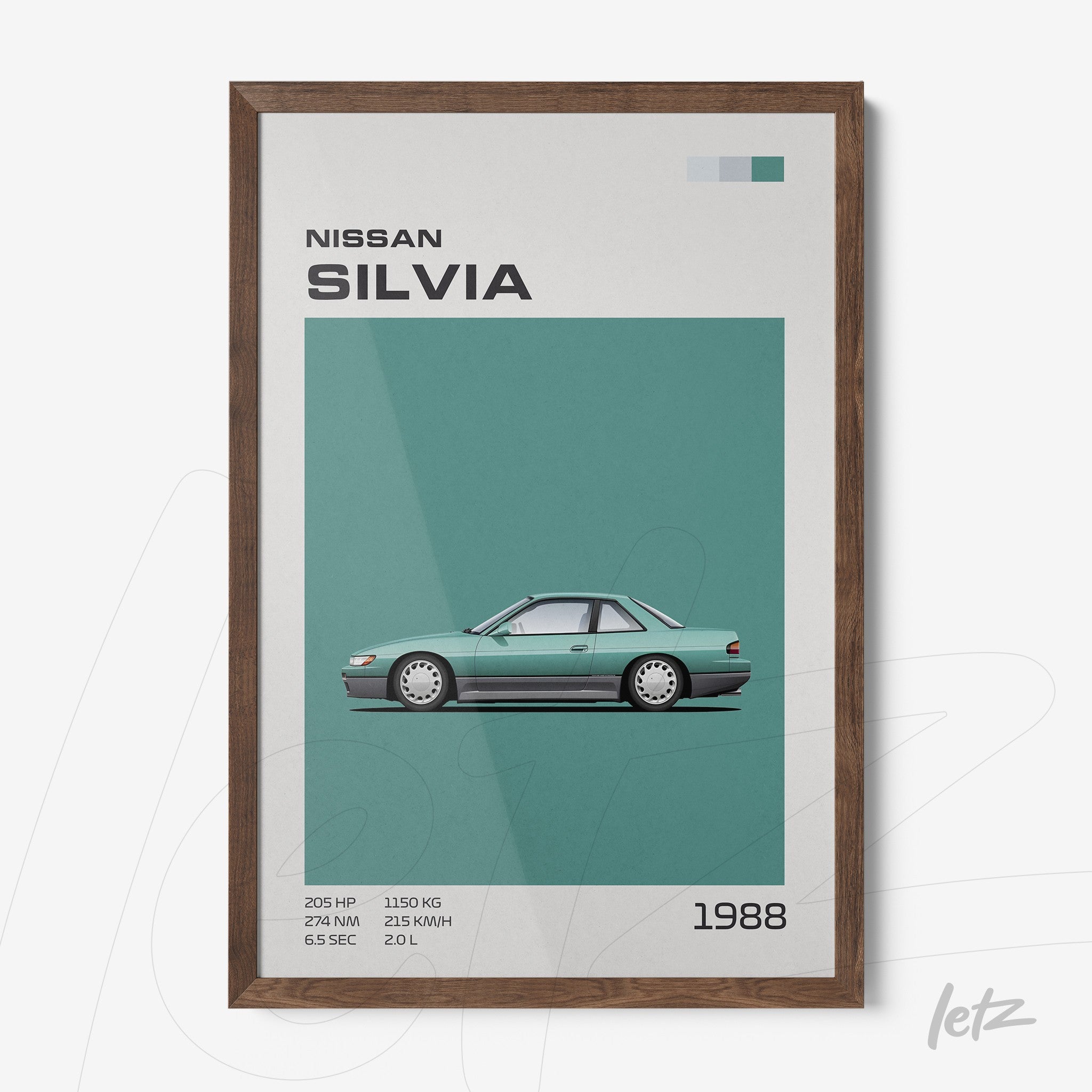 framed art featuring the Nissan Silvia from 1988 with a dark wood frame