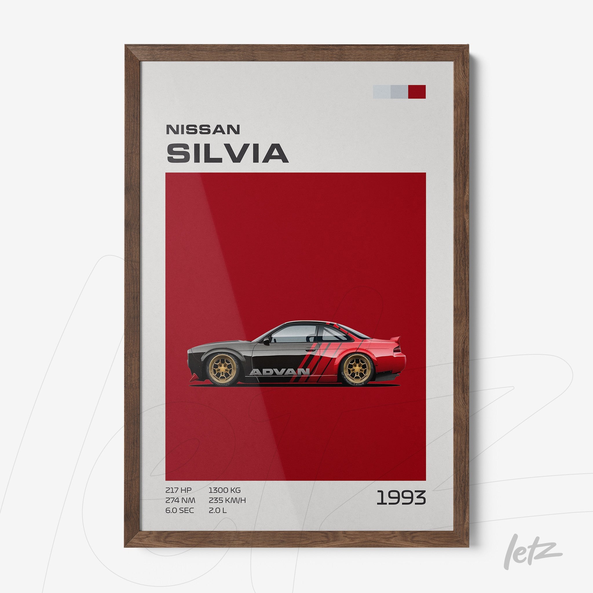 framed wall art of a 1993 Nissan Silvia sports car with dark wood frame and red background