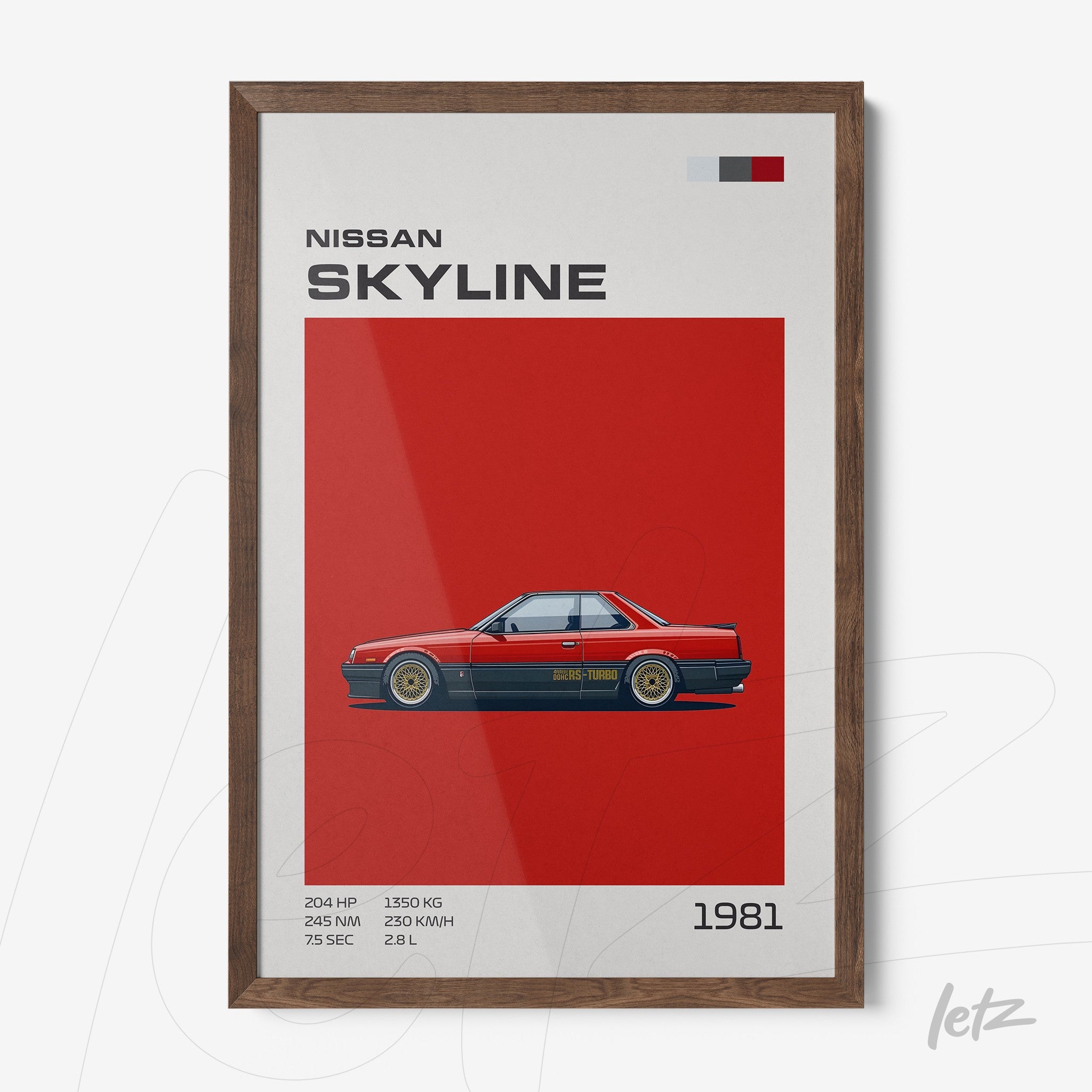 framed wall art featuring an illustration of 1981 Nissan Skyline with a dark wood frame