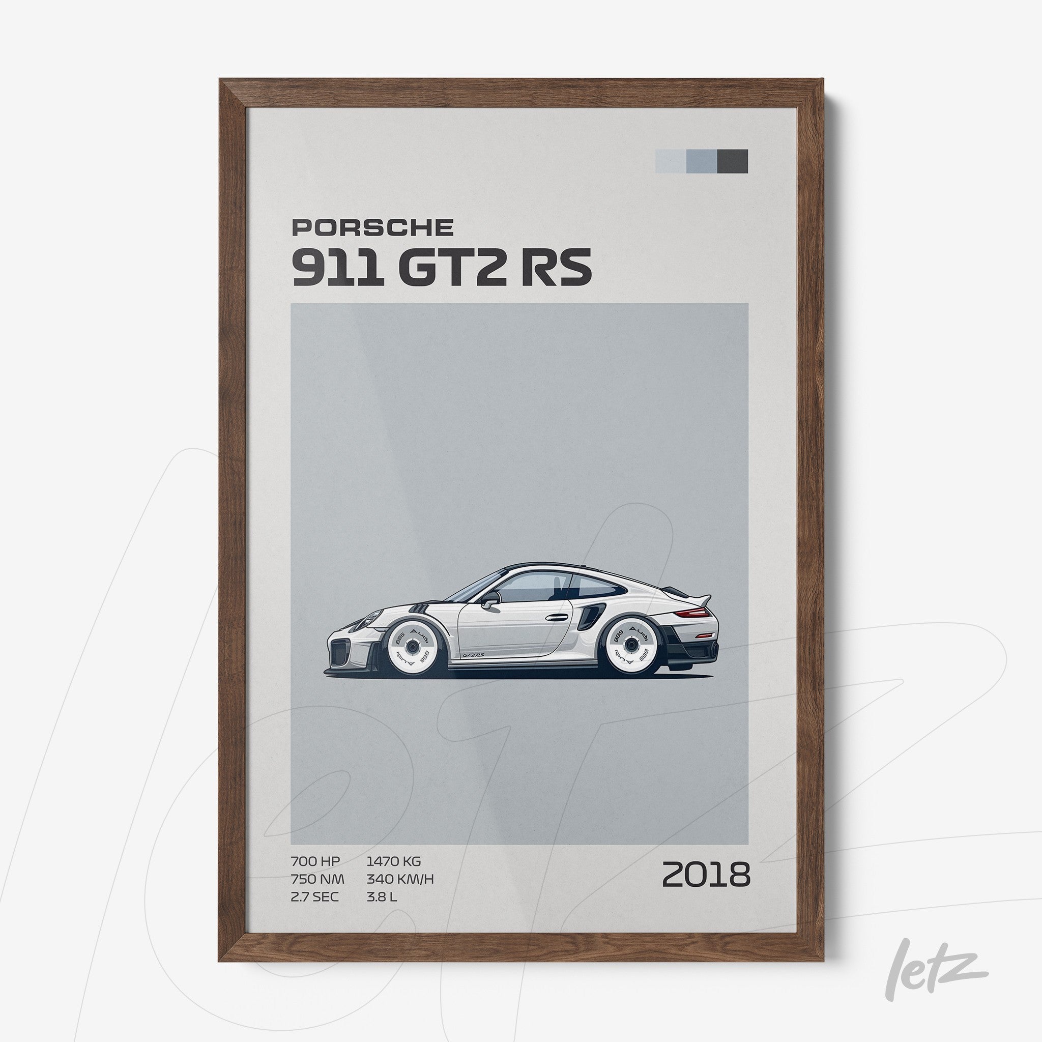 framed wall art featuring minimalistic illustration of a 2018 Porsche 911 GT2 RS in a dark wood frame