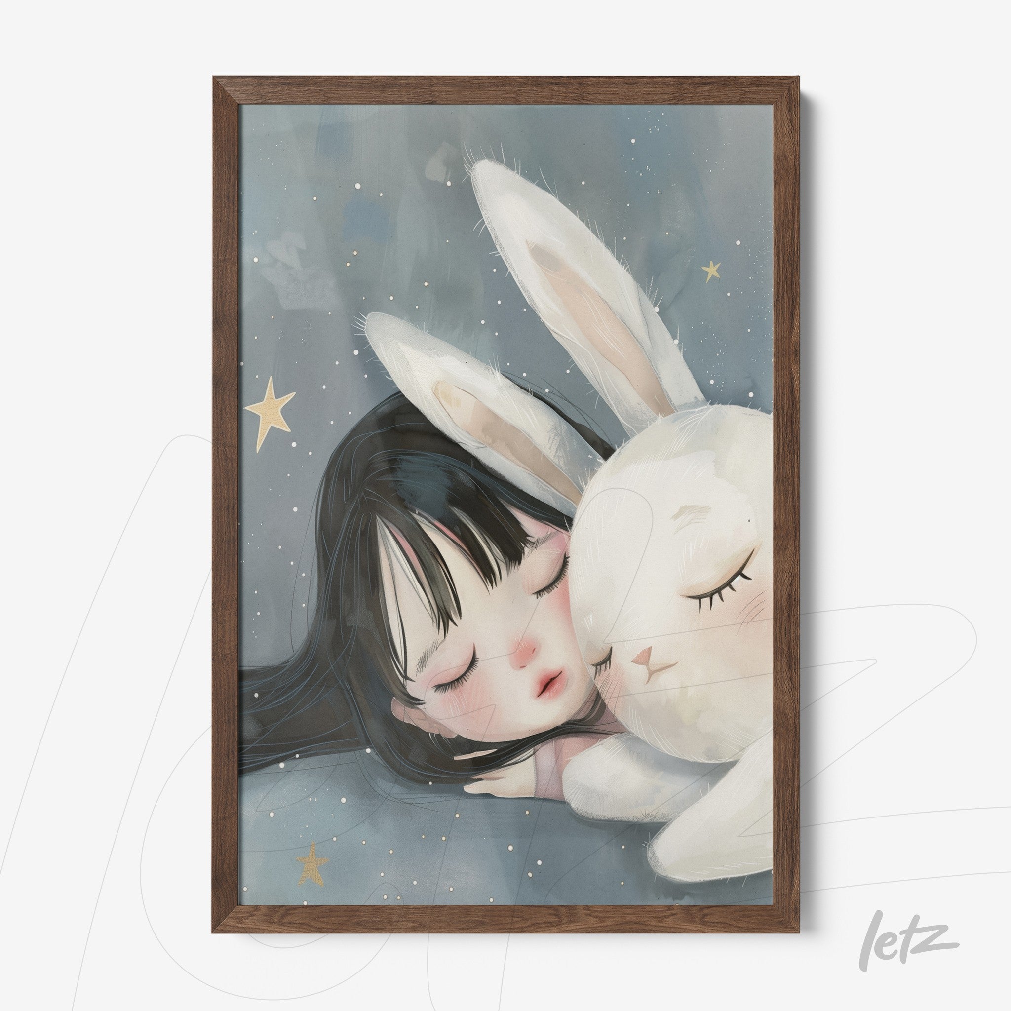 framed wall art depicting a sleeping girl with a rabbit in a dark wood frame