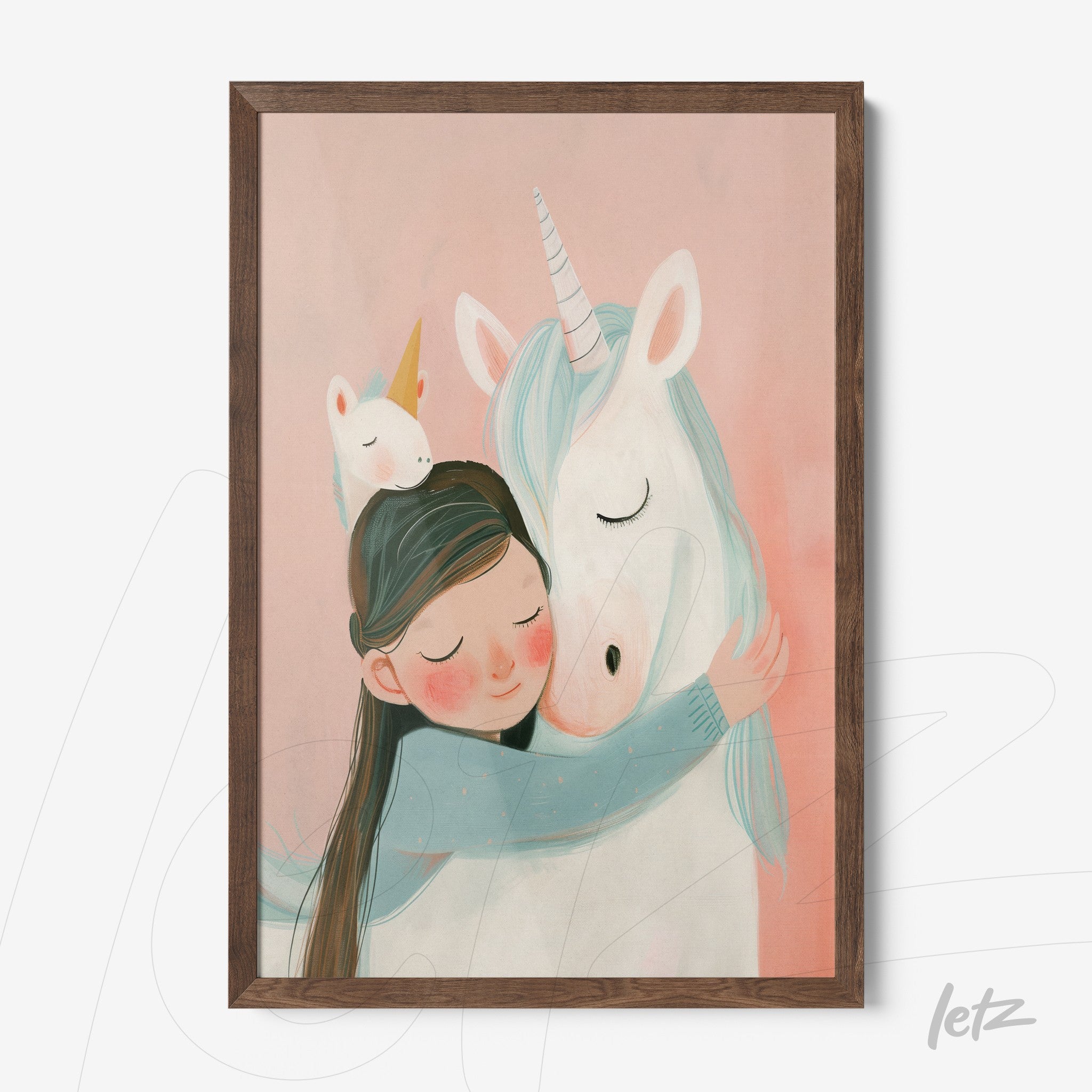 framed artwork featuring a delicate illustration of a girl hugging a unicorn, set against a soft pink background and dark wood frame