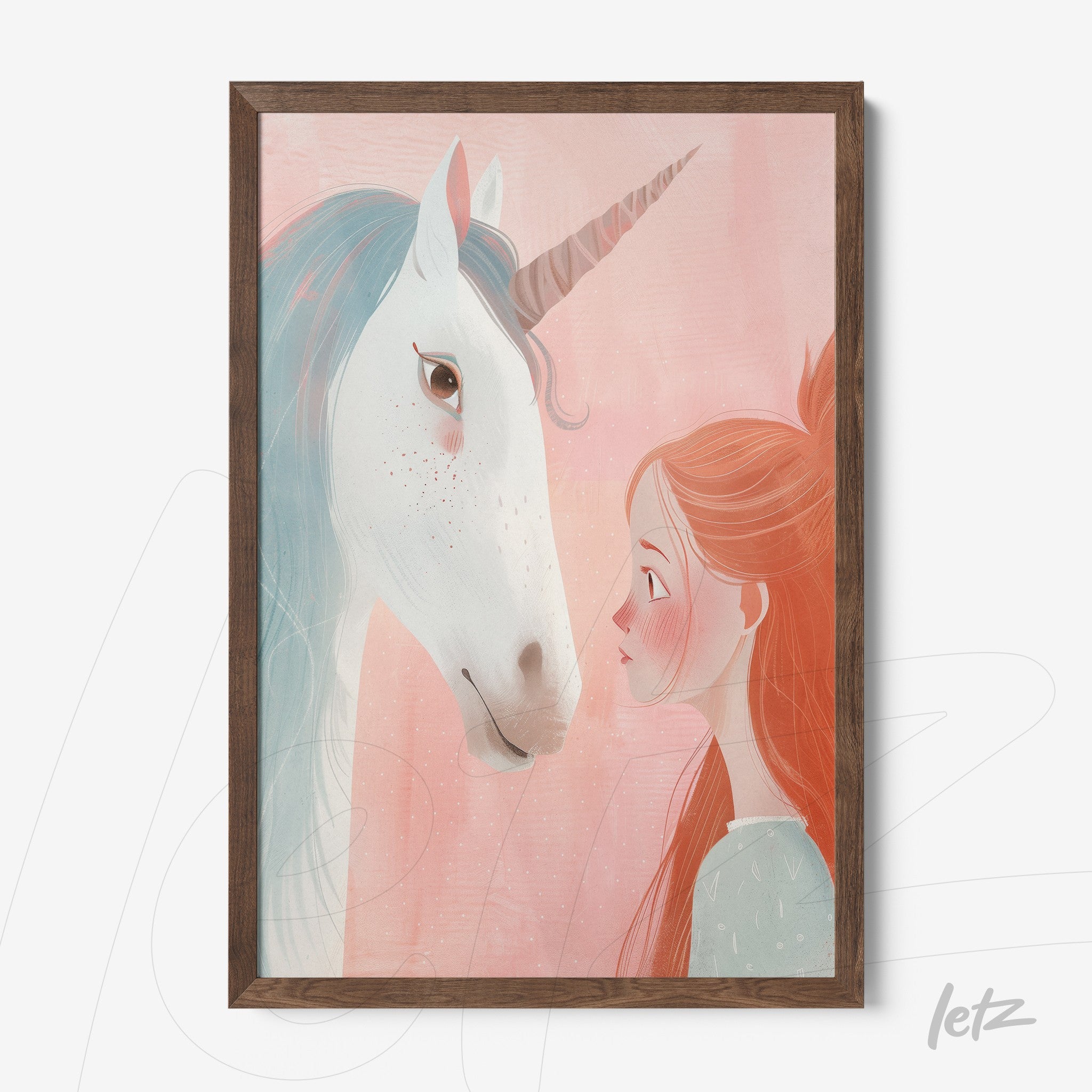 charming framed illustration of a girl and a unicorn with dark wood frame
